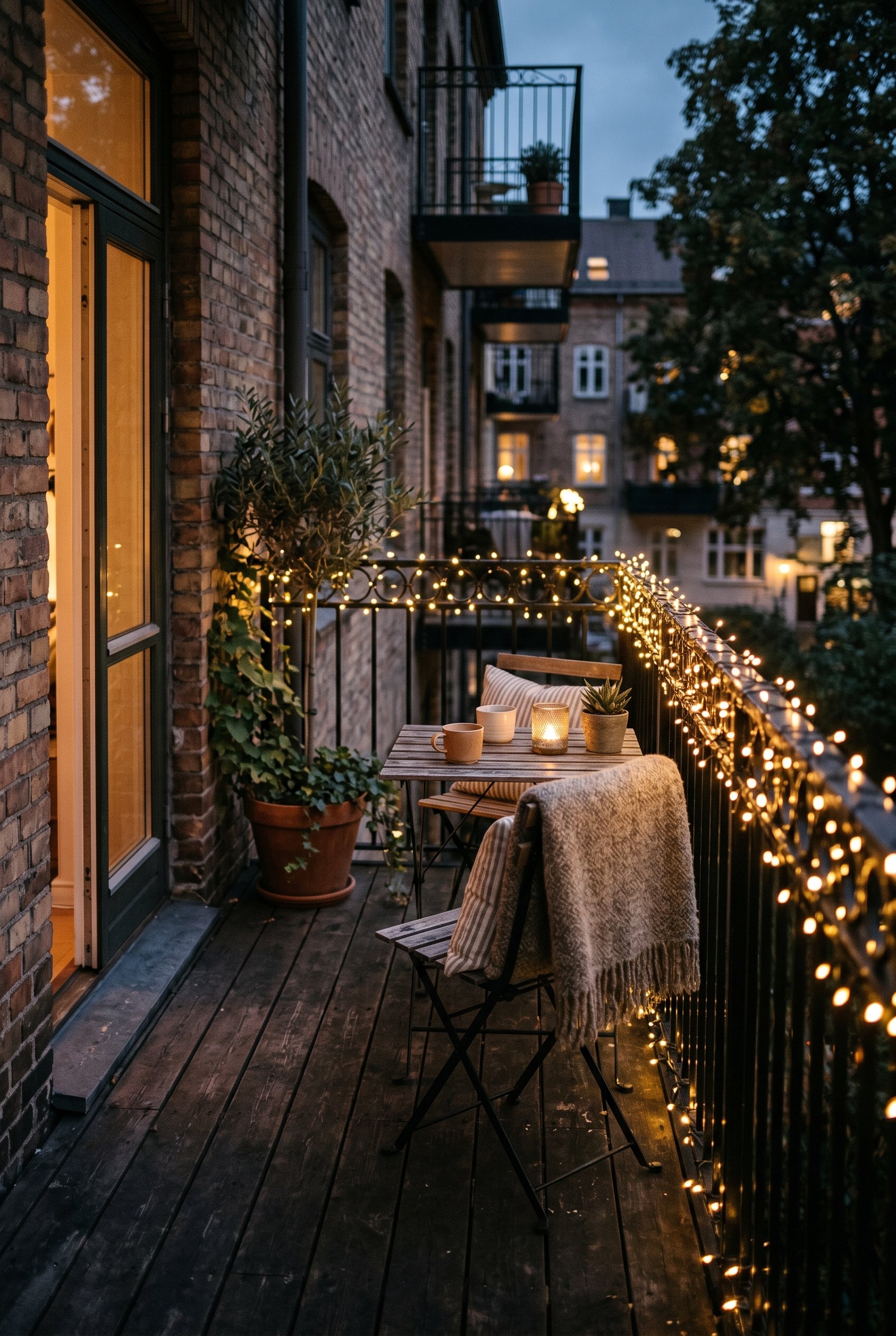 Photorealistic exterior photo. Apartment balcony with black wrought iron railing tightly wrapped in tiny warm white micro fairy lights, moody evening glow, close up angle. Editorial photography style,
