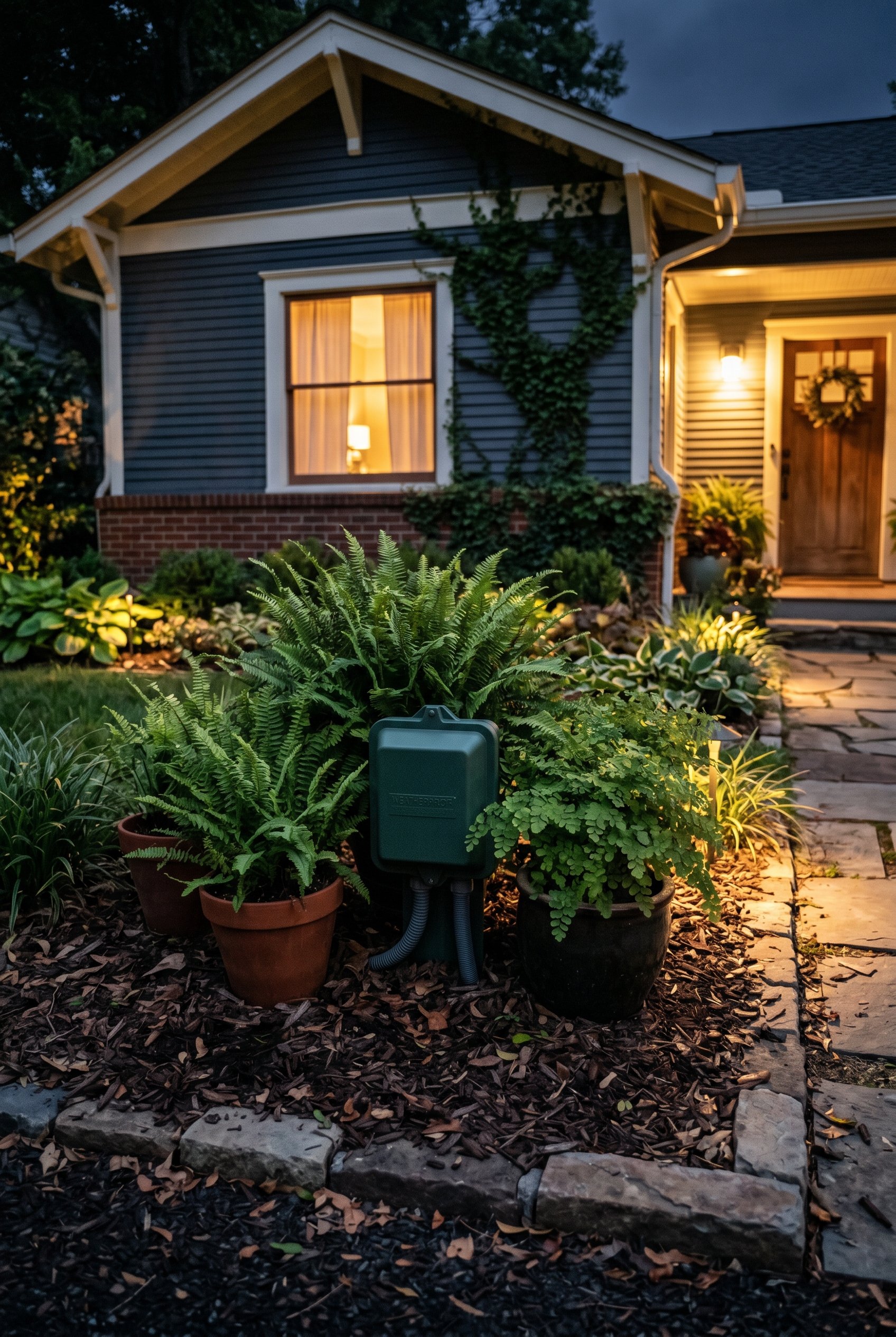 Photorealistic exterior photo. Dark green weatherproof electrical connection box hidden discreetly behind potted ferns on a mulch bed, night landscape lighting. Editorial photography style, no people 