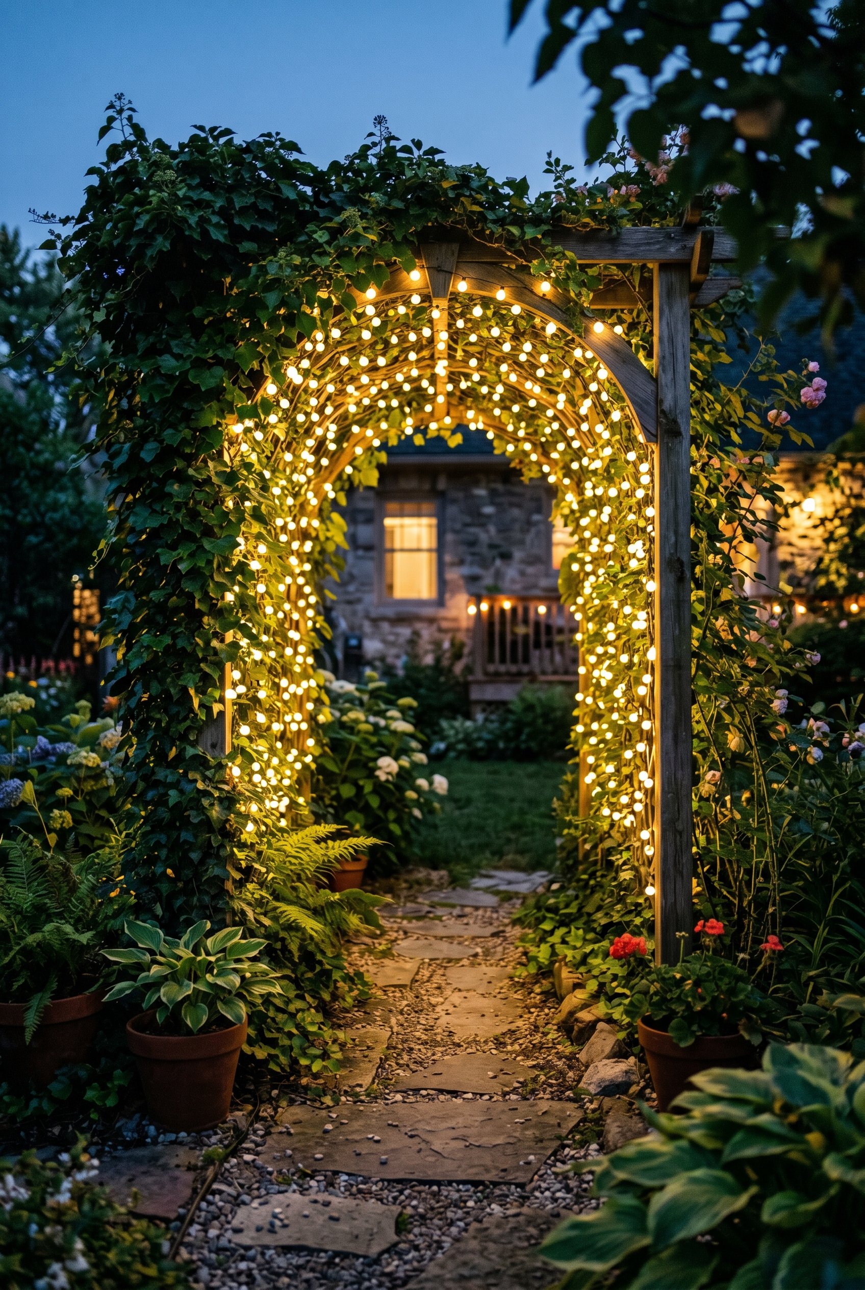 Photorealistic exterior photo. Garden arbor thickly covered in climbing ivy and warm white micro globe lights, looking like a glowing tunnel, dark evening background. Editorial photography style, no p