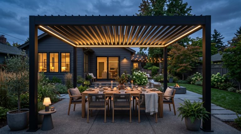 Photorealistic exterior photo. High-end modern louvered black aluminum pergola over a sleek concrete patio at twilight. Hardwired LED lighting glowing from the roof beams, long modern teak dining tabl