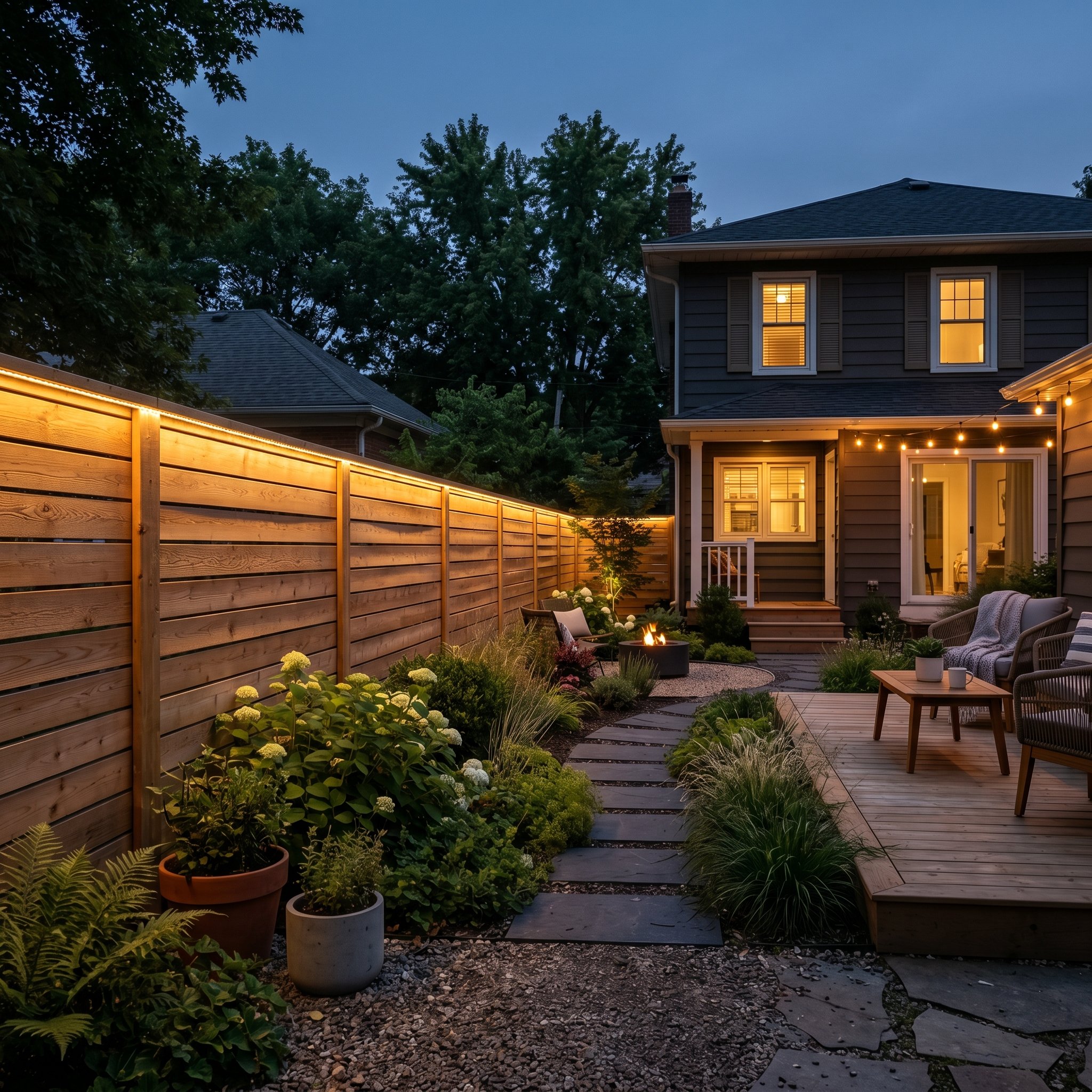 Photorealistic exterior photo. Horizontal cedar slat boundary fence lined with warm LED string strips glowing downward along the top edge, modern backyard design. Editorial photography style, no peopl