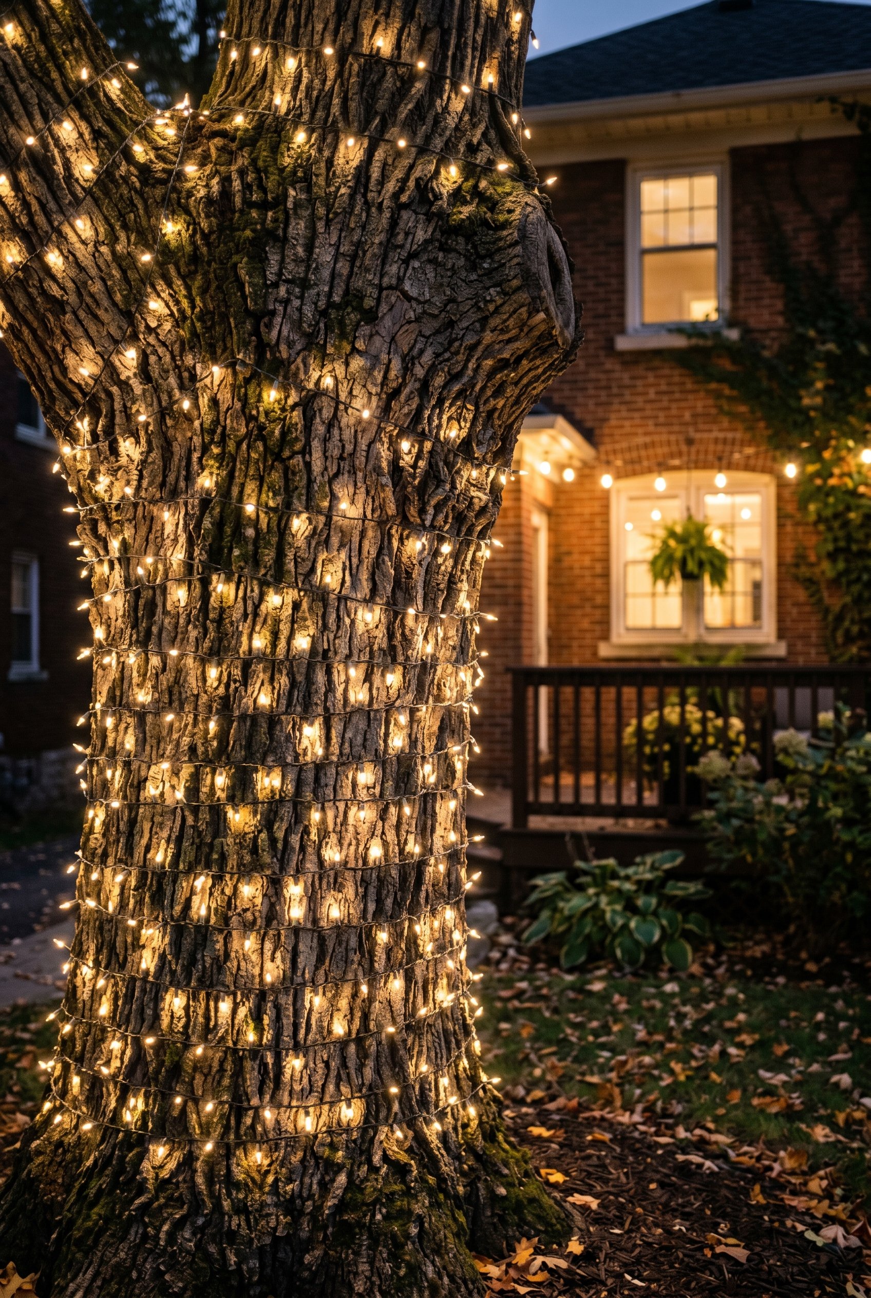 Photorealistic exterior photo. Mature oak tree trunk tightly wrapped in warm 2700K string lights, black wire casing, glowing softly in the evening, close-up texture shot. Editorial photography style, 