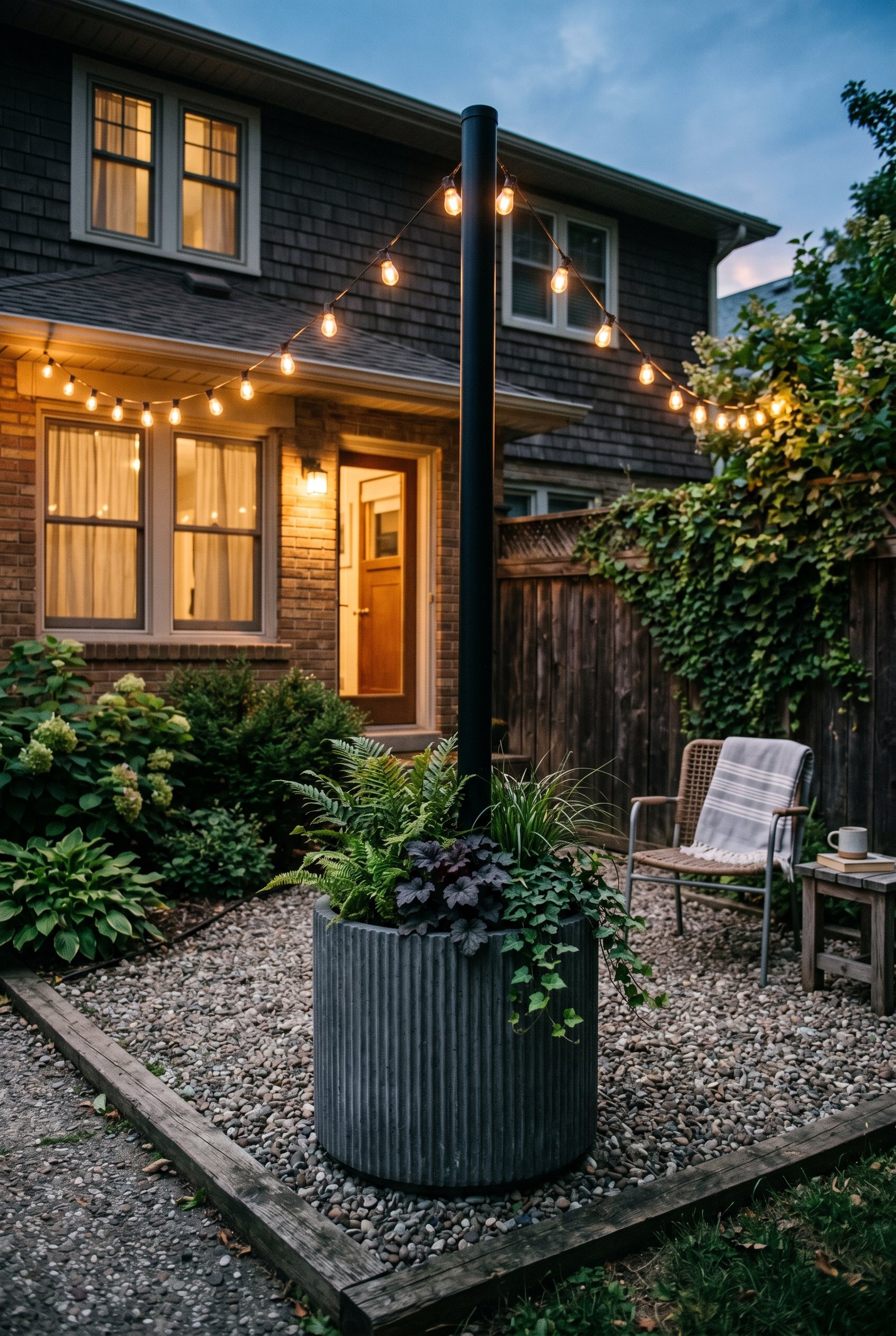 Photorealistic exterior photo. Modern fluted concrete planter with a black metal pole holding up string lights, set on a gravel patio with low-light evening glow. Editorial photography style, no peopl