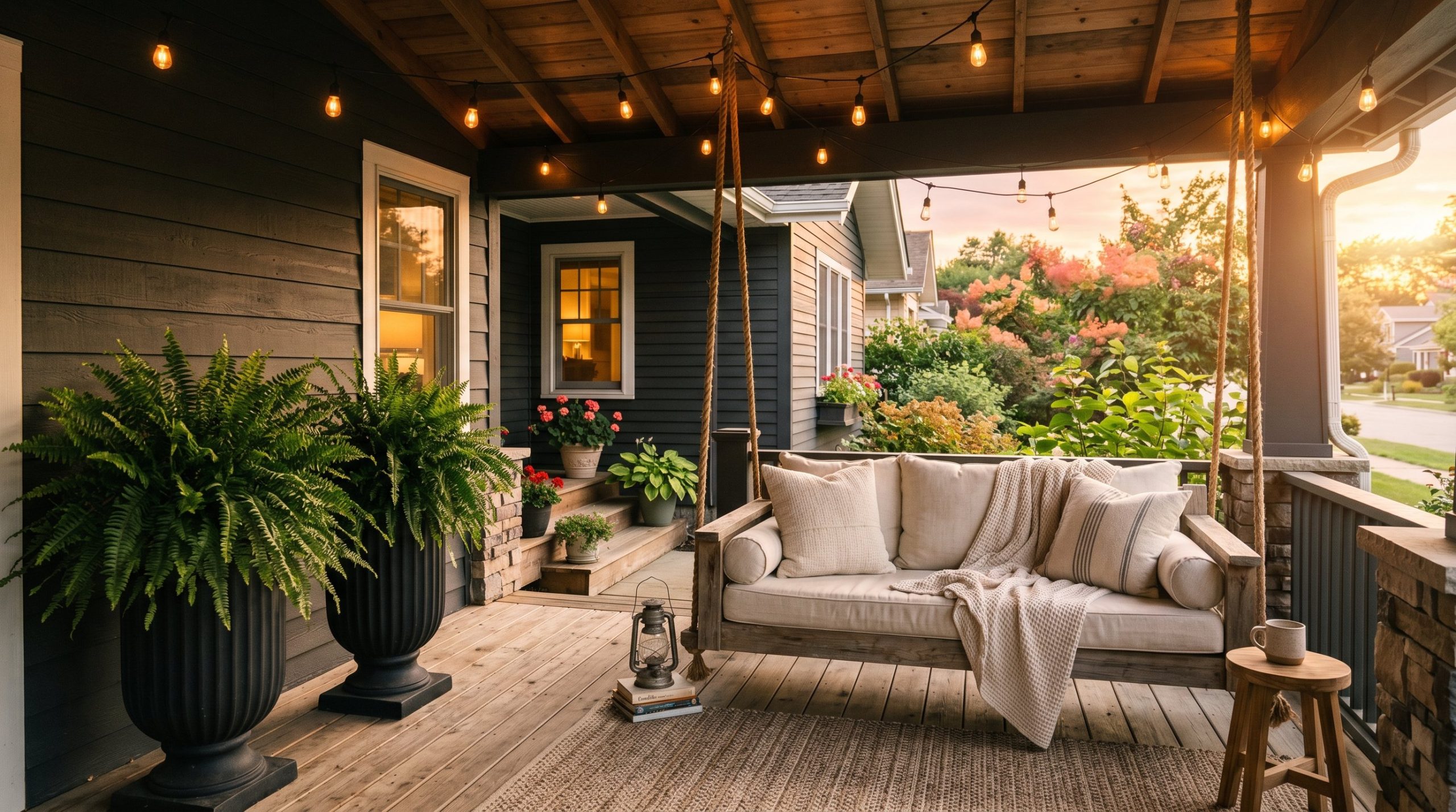 Photorealistic exterior photo of a moody, modern summer porch. Oversized Boston ferns in heavy black fluted planters, warm glowing Edison string lights hung above, a heavy teak wood swing with natural