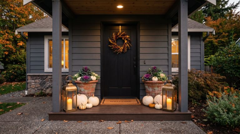 Photorealistic exterior photo. Sleek, moody modern fall front porch featuring a matte black door, white Lumina pumpkins, oversized brass lanterns with glowing candles, and weathered terracotta planter