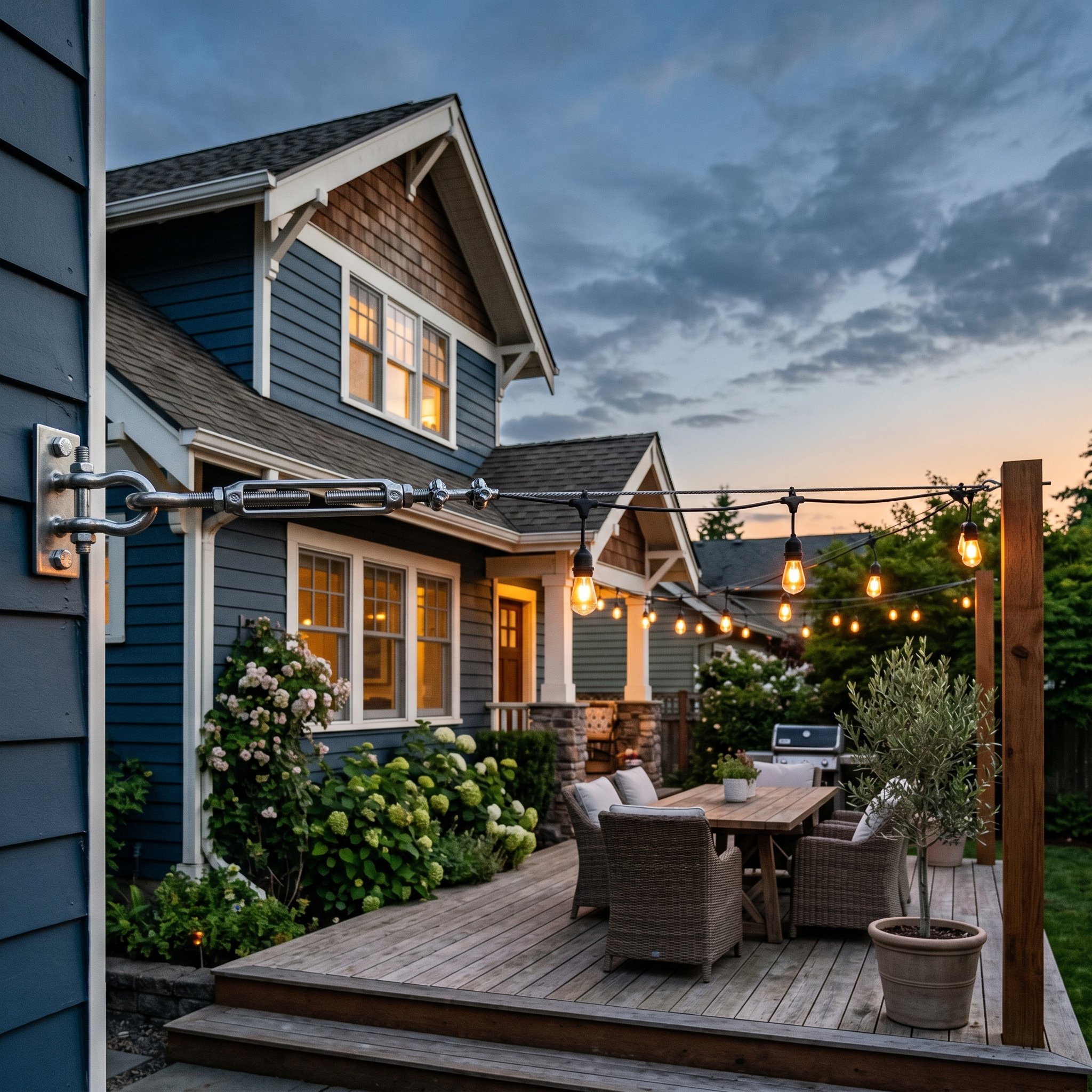 Photorealistic exterior photo. Stainless steel tension cable supporting heavy duty outdoor string lights, attached with turnbuckles, perfectly straight line against an evening sky. Editorial photograp