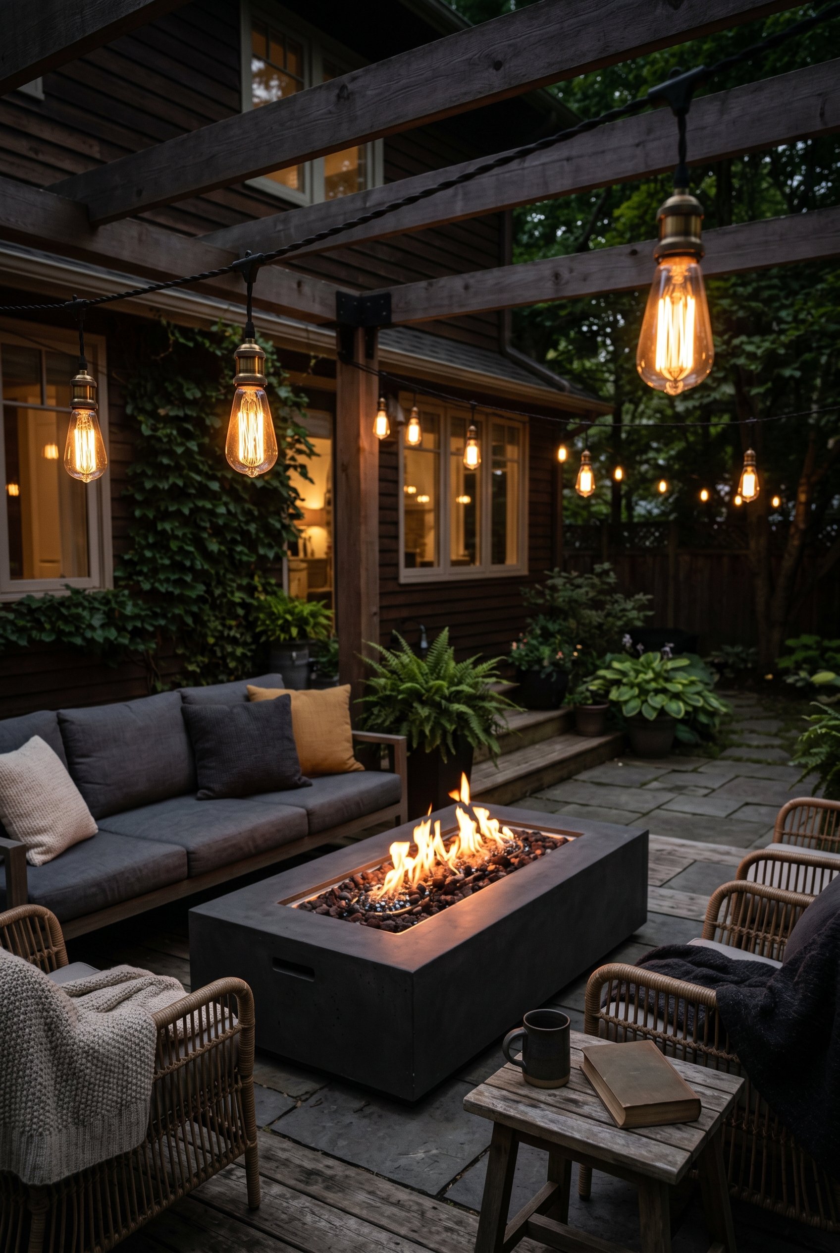 Photorealistic exterior photo. Vintage brass socket string lights with oversized Edison bulbs hanging low over a modern concrete fire pit, moody speakeasy vibe, night lighting. Editorial photography s
