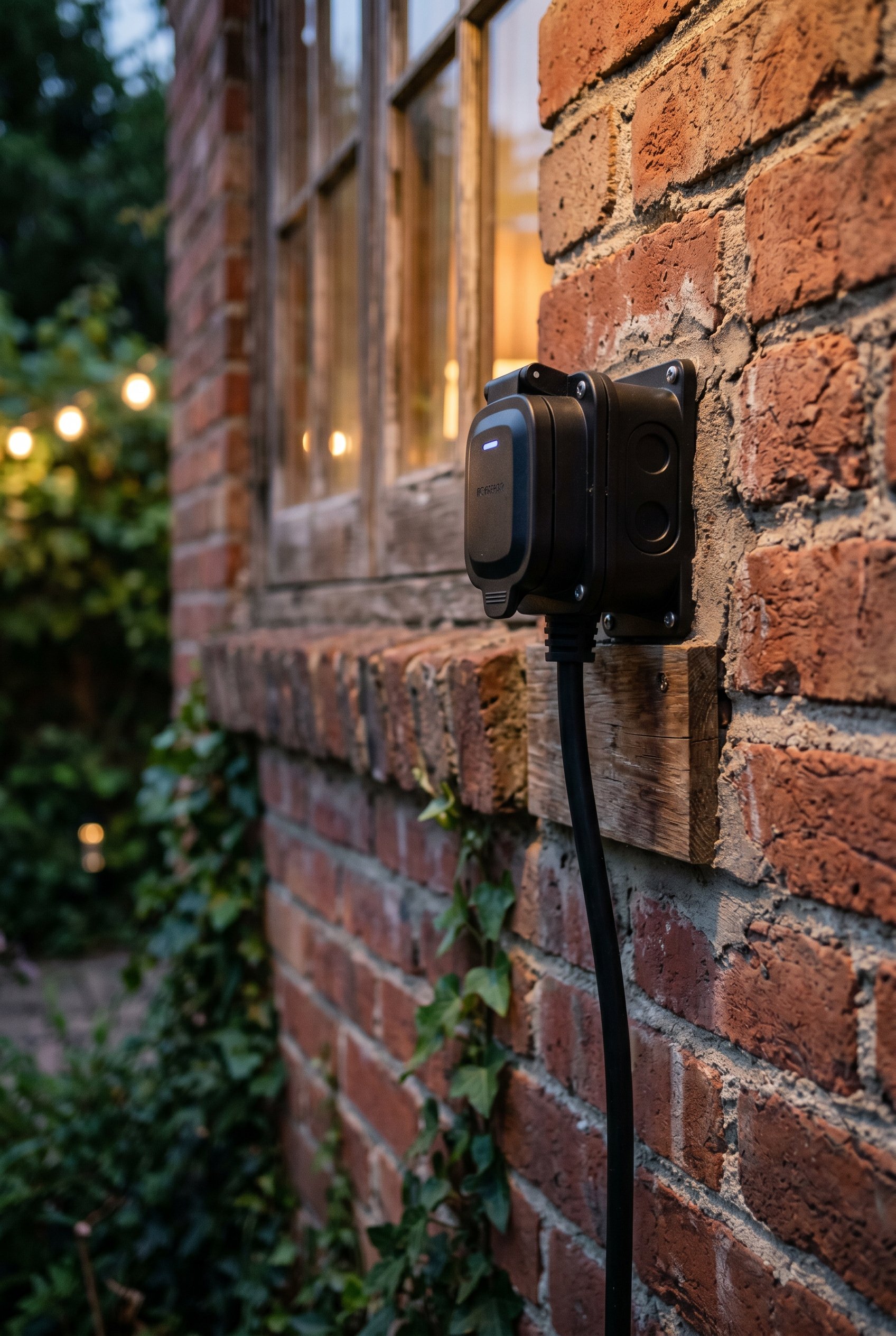 Photorealistic exterior photo. Weatherproof outdoor smart plug attached to a brick exterior wall, black cord running down, evening lighting, macro detail shot. Editorial photography style, no people v