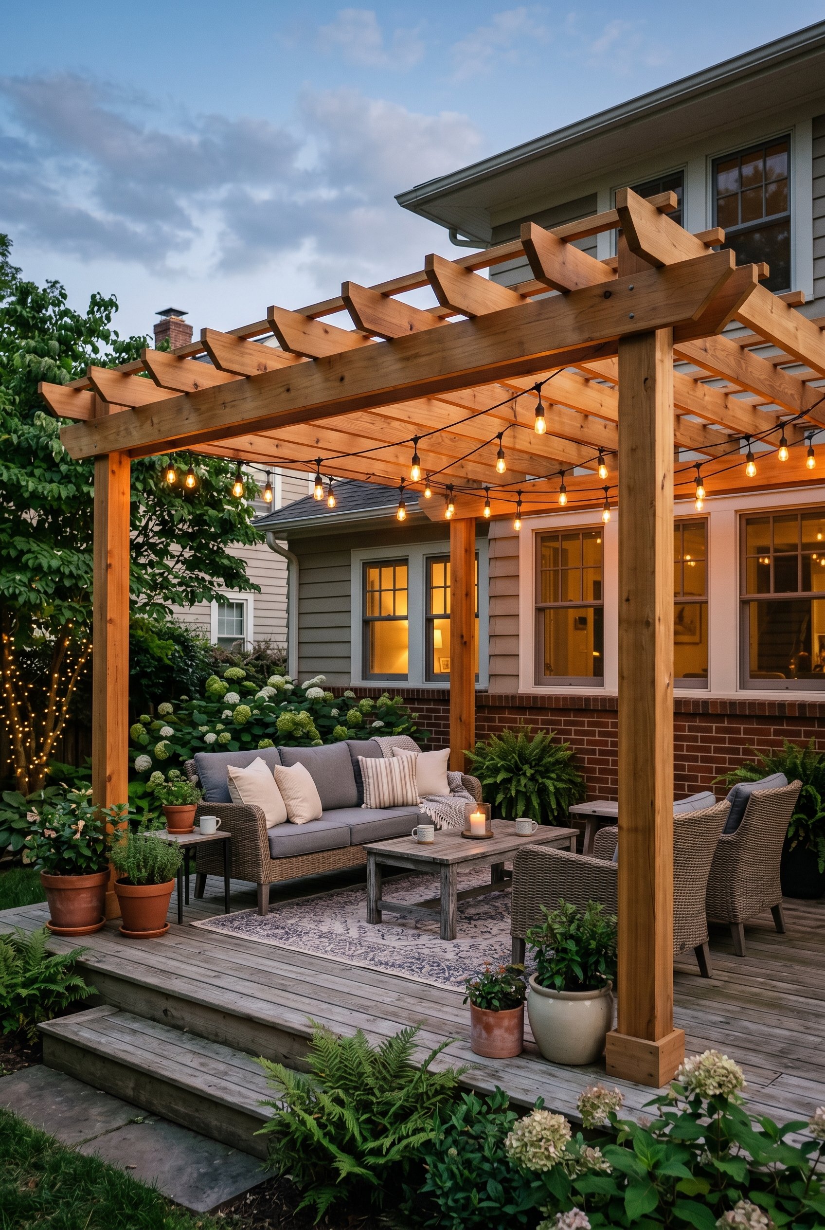 Photorealistic exterior photo. Wooden pergola with matte black wiring string lights pulled taut over and under the top joists, minimal modern styling, dusk lighting. Editorial photography style, no pe