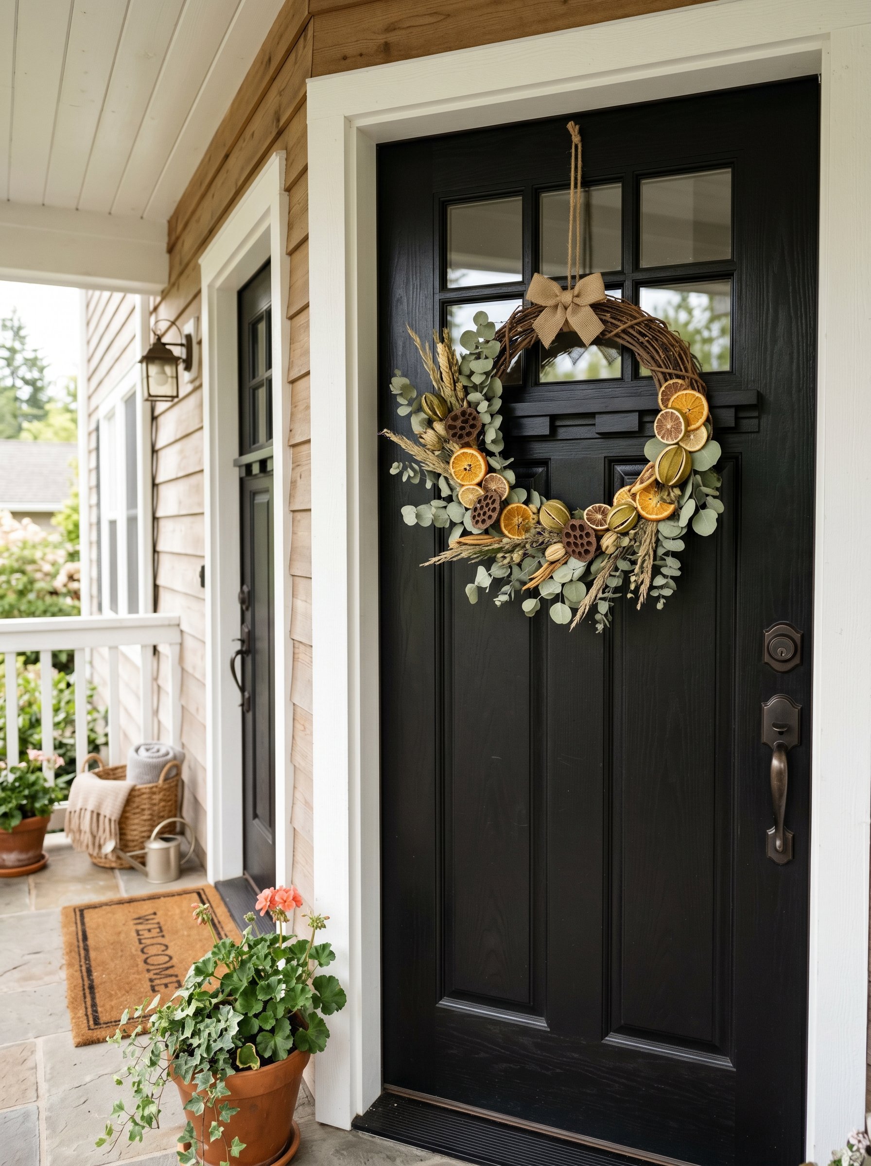 Photorealistic exterior porch photo. Asymmetrical dried citrus and eucalyptus hoop wreath on a black front door, bright natural light, straight-on close-up shot. Editorial photography style, no people