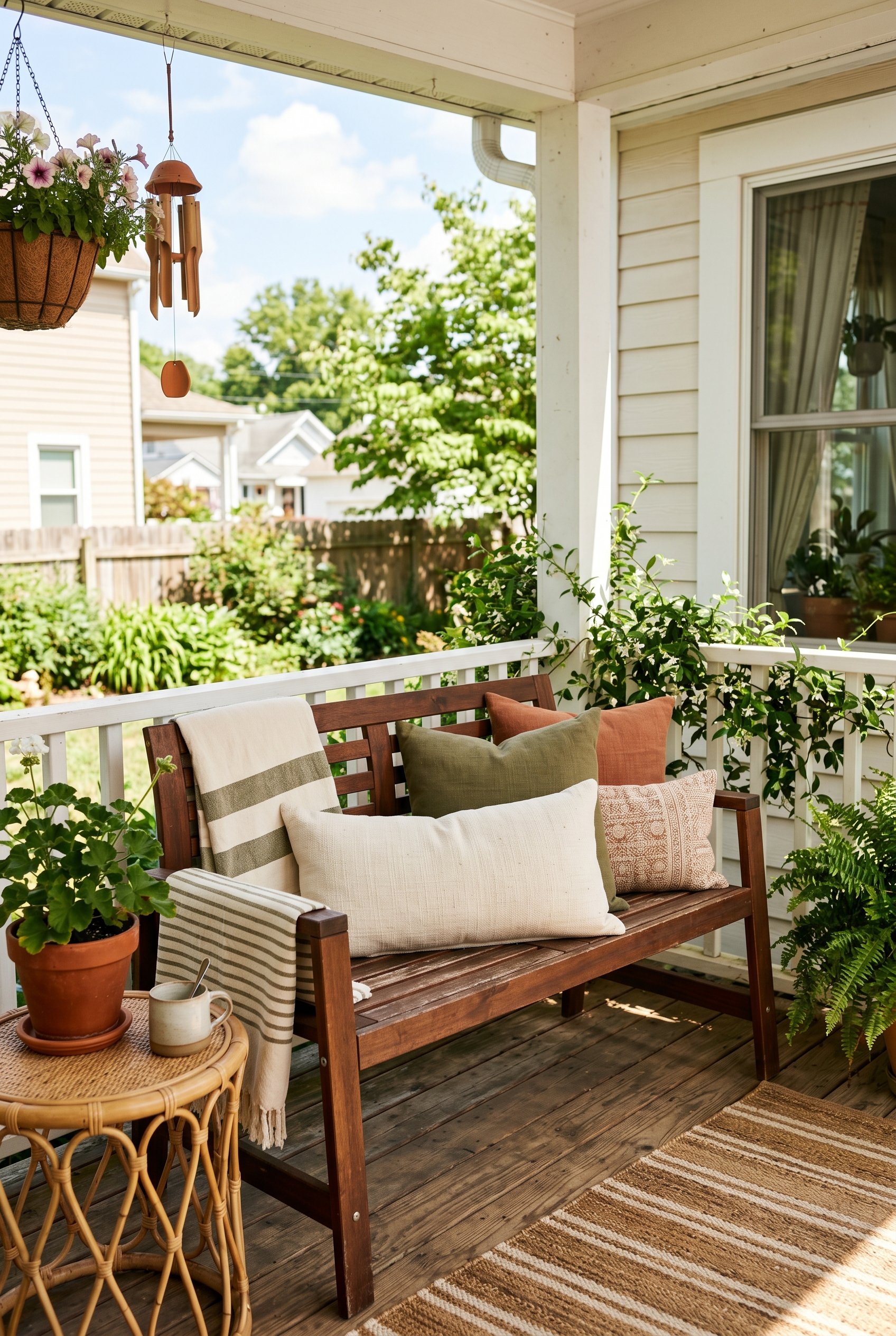 Photorealistic exterior porch photo. Breathable linen-blend outdoor pillows in olive green, cream, and terracotta on a wooden bench, bright afternoon sun, medium shot. Editorial photography style, no 