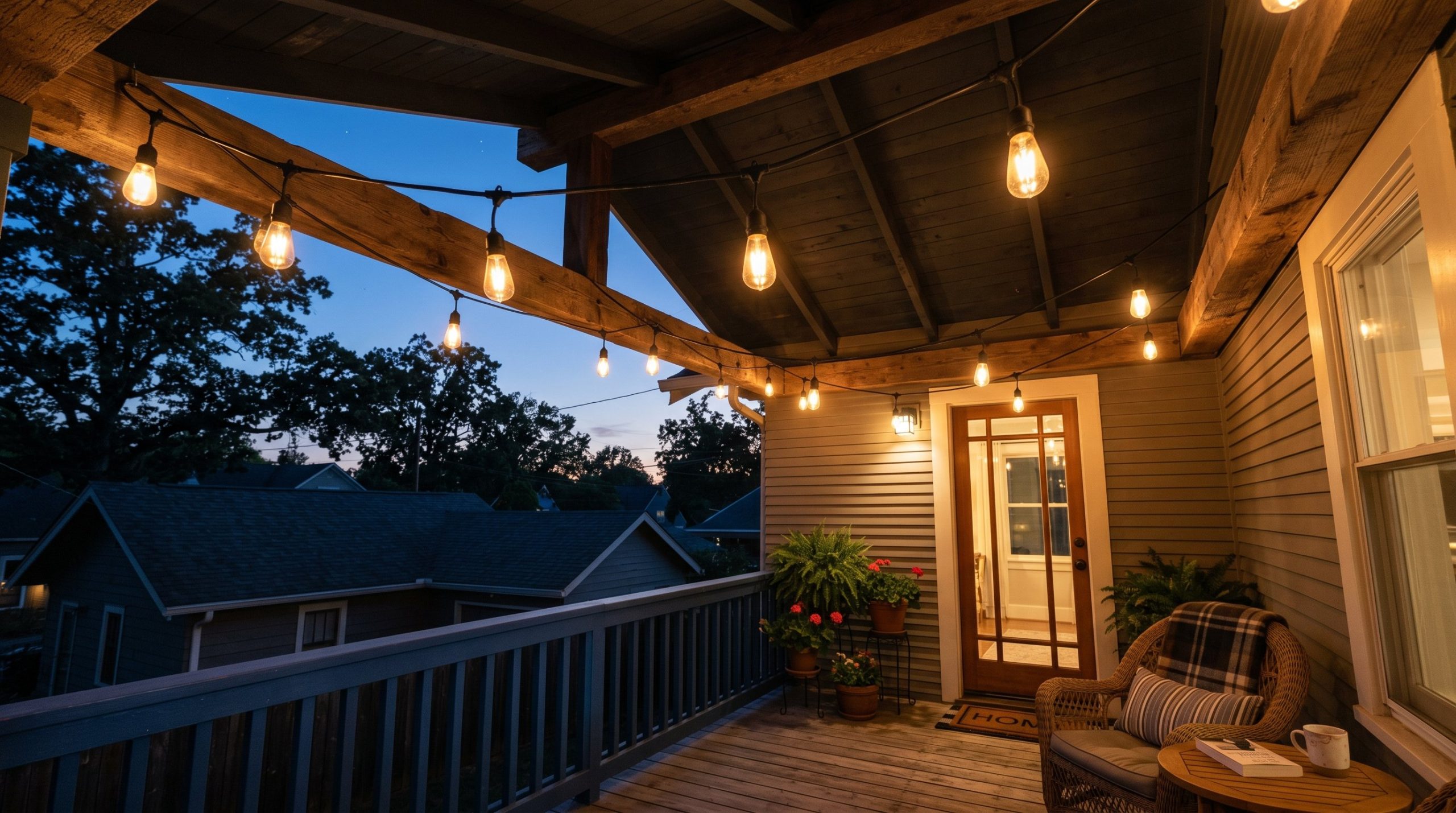 Photorealistic exterior porch photo. Commercial-grade Edison bulb string lights hung across a wooden porch ceiling, warm glowing light, dusk lighting, looking up wide angle. Editorial photography styl