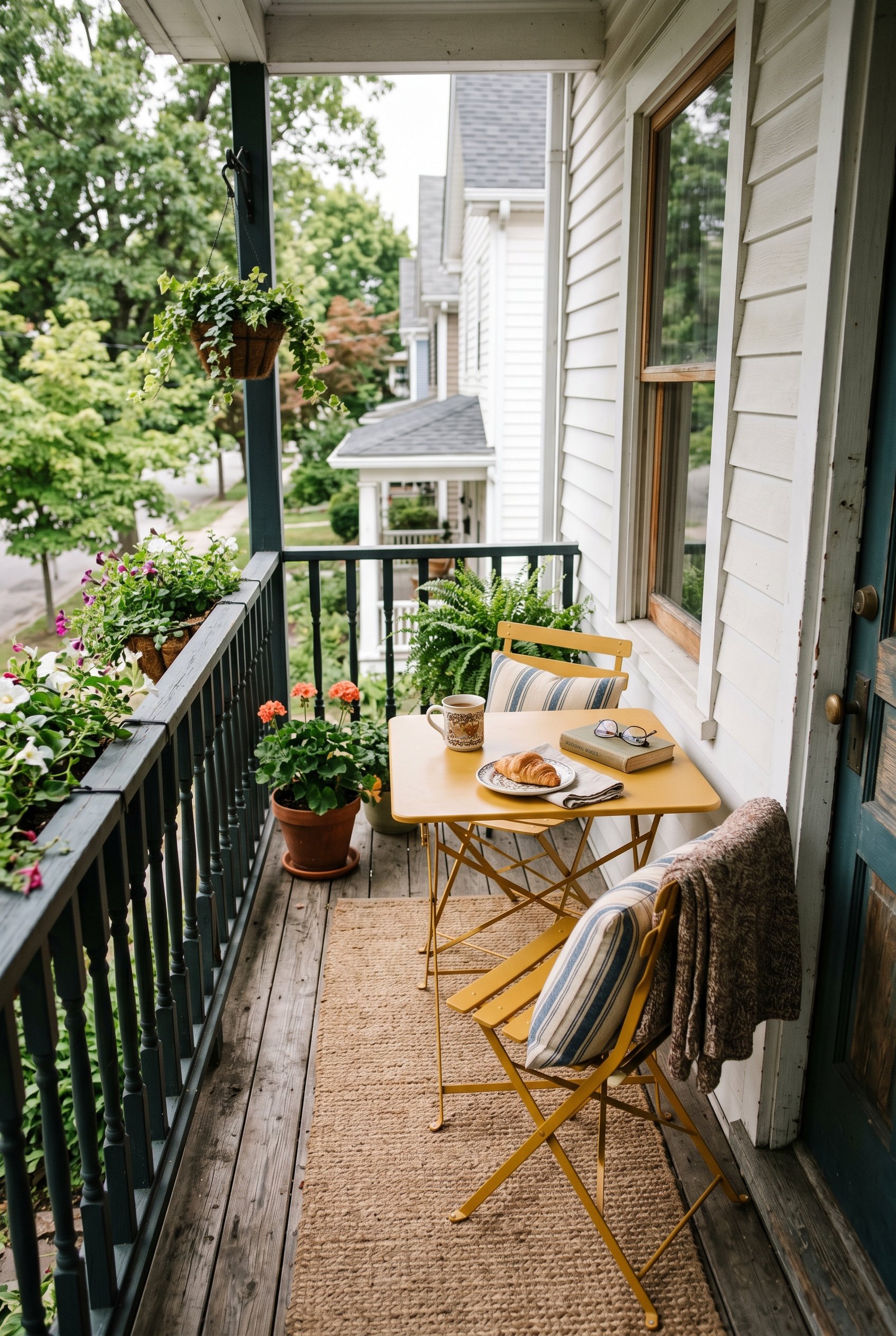 Photorealistic exterior porch photo. Folding French bistro set painted mustard yellow on a narrow wooden porch, soft morning light, high angle medium shot. Editorial photography style, no people visib