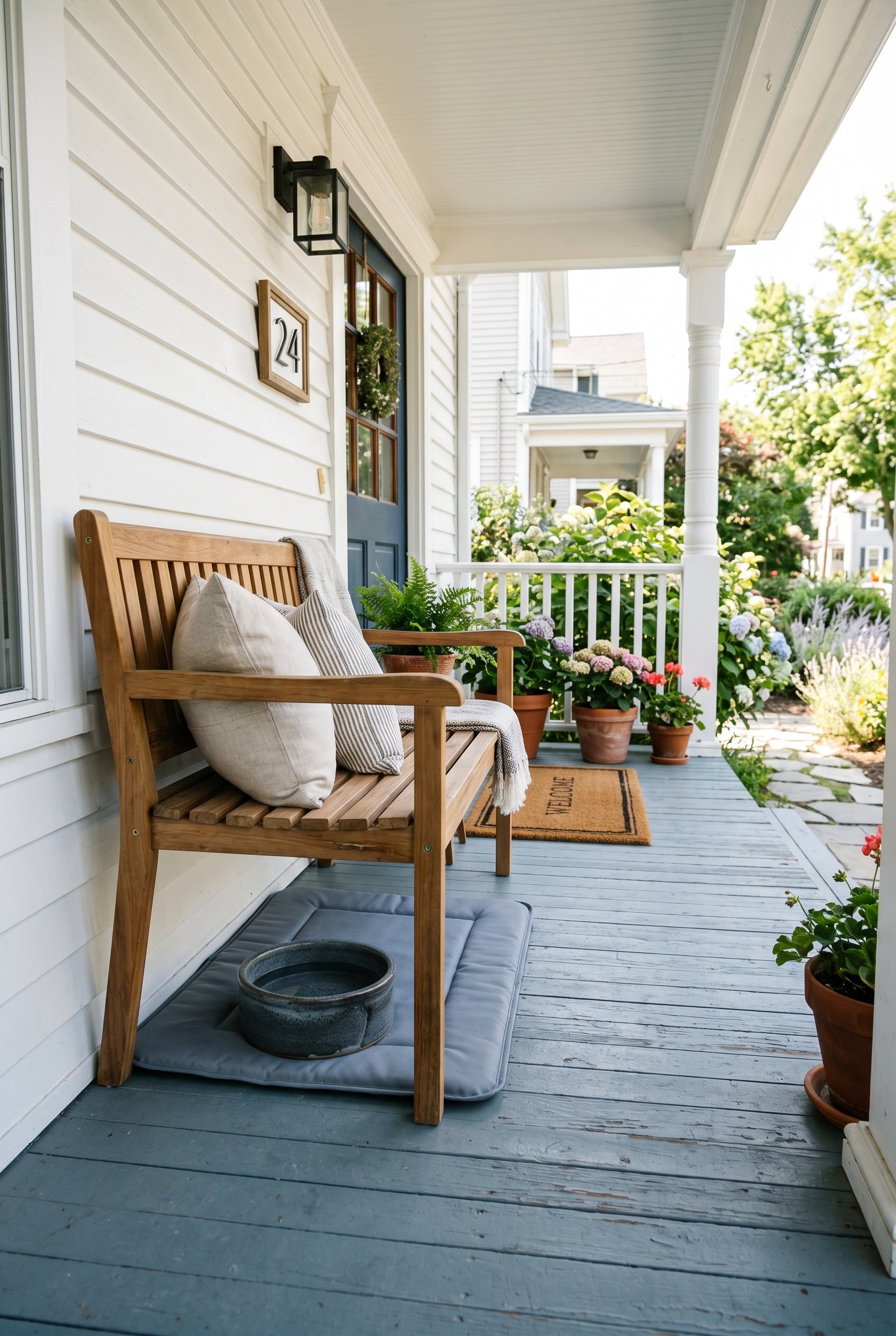 Photorealistic exterior porch photo. Heavy ceramic dog bowl and a neutral pet cooling mat tucked under a modern teak bench, bright natural lighting, low angle shot. Editorial photography style, no peo