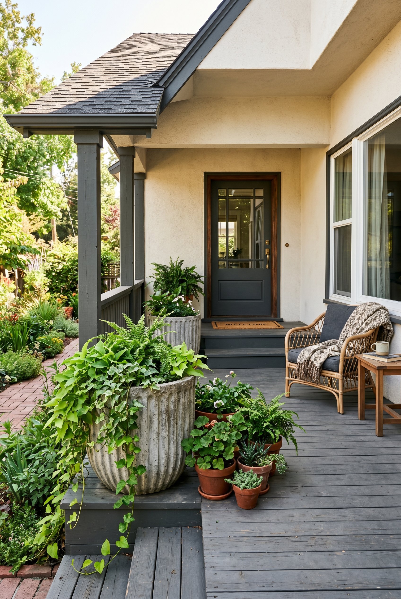 Photorealistic exterior porch photo. Heavy fluted concrete planters with trailing green vines, dark grey and terracotta materials, natural bright sunlight, eye-level wide shot. Editorial photography s