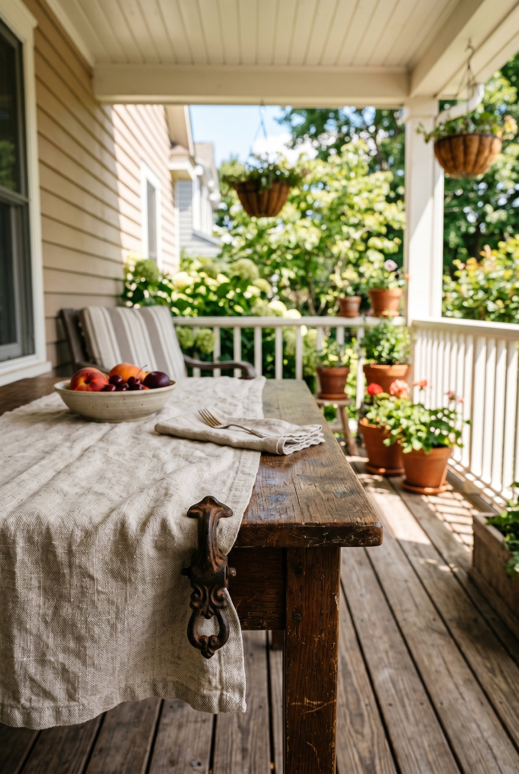 Photorealistic exterior porch photo. Heavy linen table runner on an outdoor dining table, anchored with vintage cast iron clips, bright midday sun, close-up angled shot. Editorial photography style, n