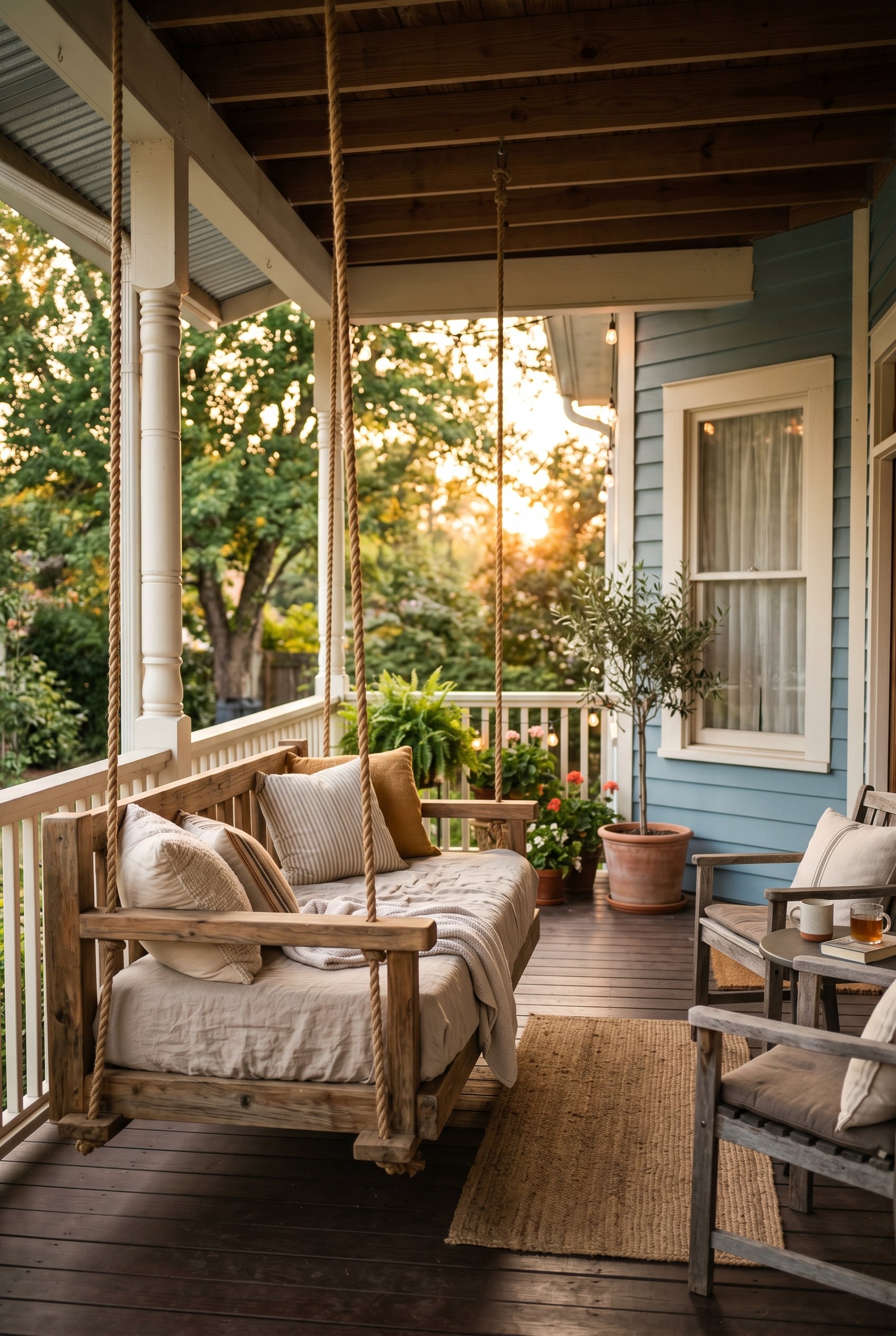 Photorealistic exterior porch photo. Heavy teak wood bed swing hung with thick marine-grade rope, linen twin mattress cover, soft sunset lighting, wide shot. Editorial photography style, no people vis