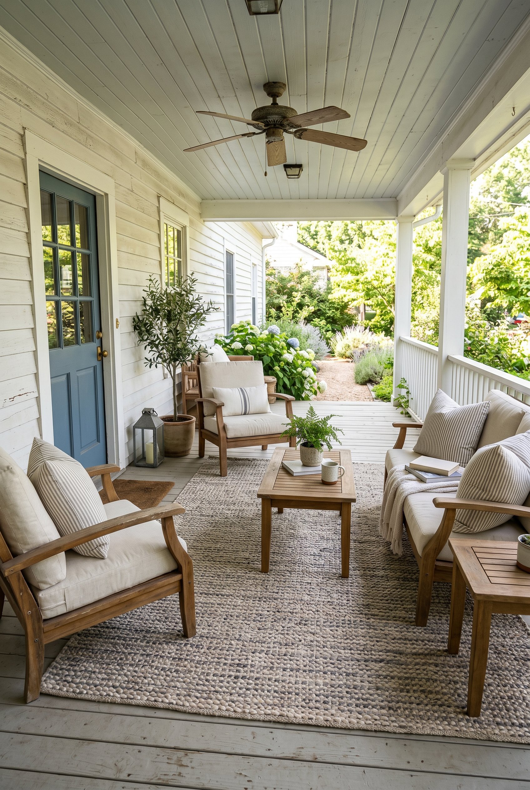 Photorealistic exterior porch photo. Heavy woven outdoor rug in neutral tones under a patio seating area, bright overhead sunlight, wide angle floor shot. Editorial photography style, no people visibl