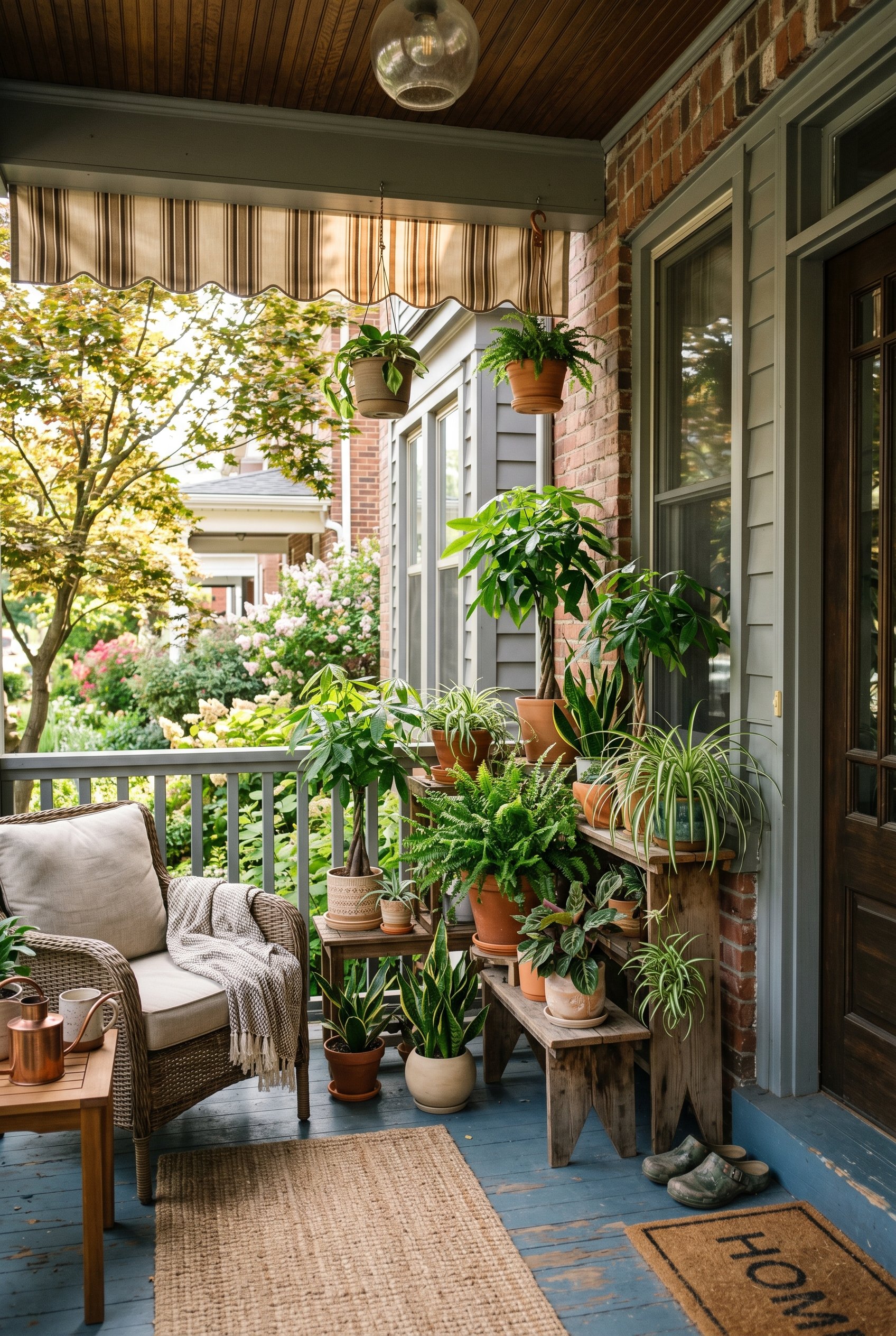 Photorealistic exterior porch photo. Lush pet-safe potted jungle featuring spider plants and money trees on staggered wooden stands, dappled sunlight, medium shot. Editorial photography style, no peop