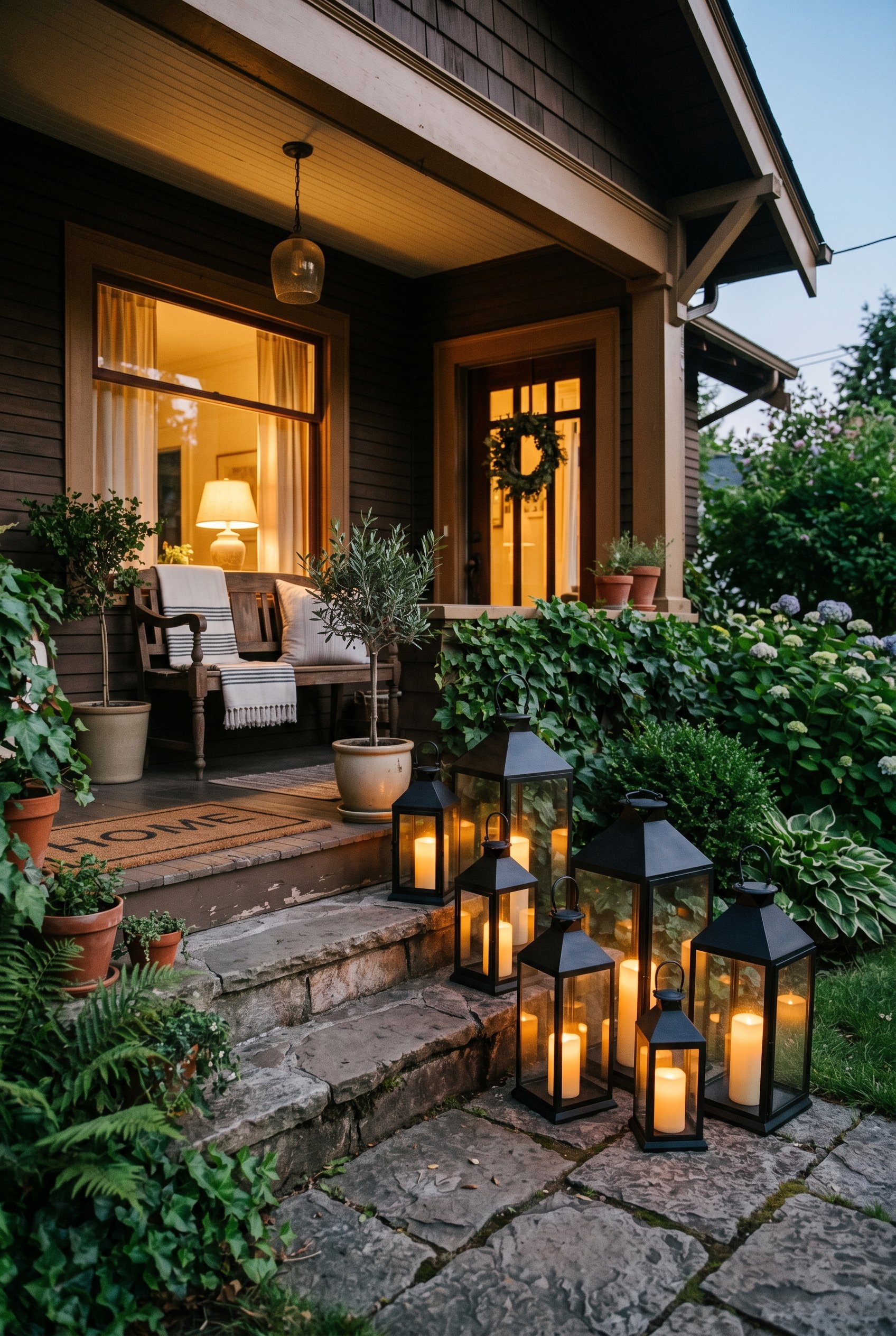 Photorealistic exterior porch photo. Massive glass and iron floor lanterns grouped by front porch steps, LED pillar candles glowing inside, dusk lighting, medium shot. Editorial photography style, no 