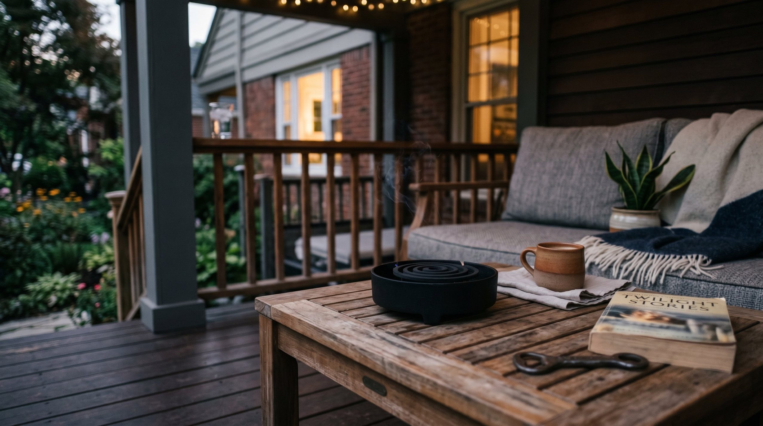 Photorealistic exterior porch photo. Minimalist matte black citronella coil holder on a modern outdoor side table, low ambient lighting, close-up angled shot. Editorial photography style, no people vi