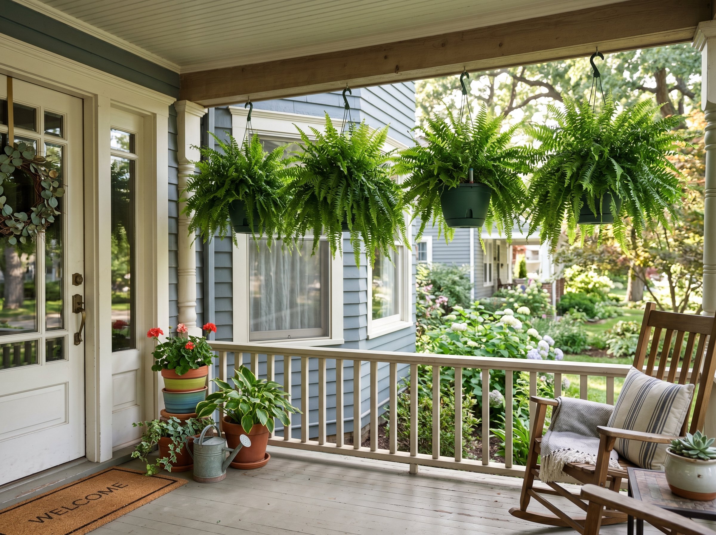 Photorealistic exterior porch photo. Oversized Boston ferns in hanging self-watering baskets, lush green fronds, dappled sunlight through trees, eye-level medium shot. Editorial photography style, no 