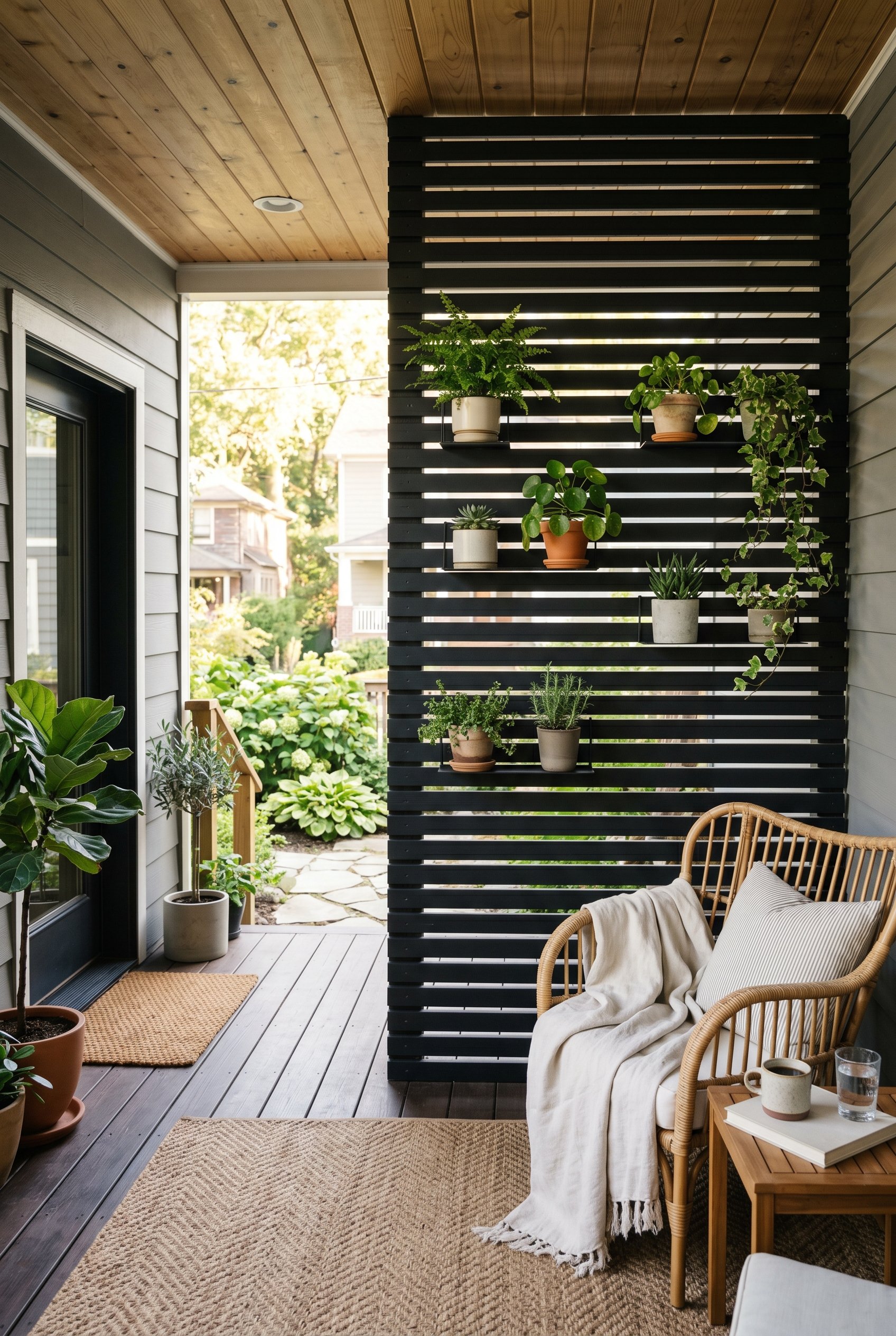 Photorealistic exterior porch photo. Slatted cedar wood privacy screen painted matte black, mounted small green plants, bright morning light, straight-on medium shot. Editorial photography style, no p