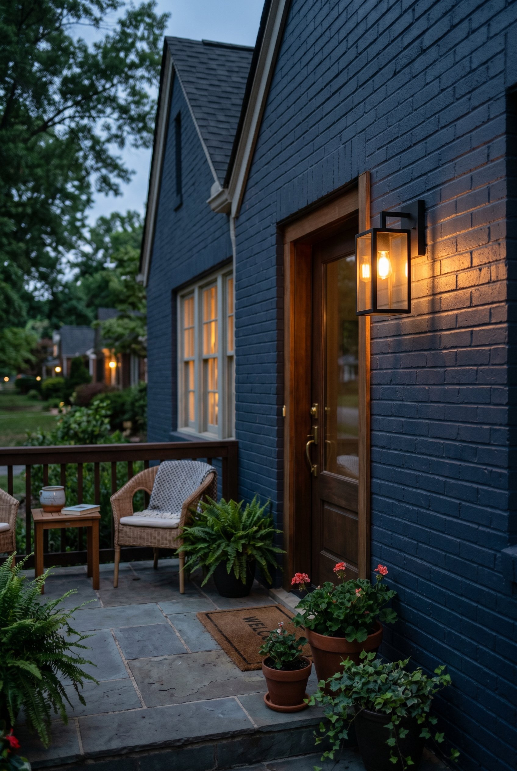 Photorealistic exterior porch photo. Sleek matte black wall sconce emitting warm amber light on painted brick siding, twilight lighting, medium angled shot. Editorial photography style, no people visi