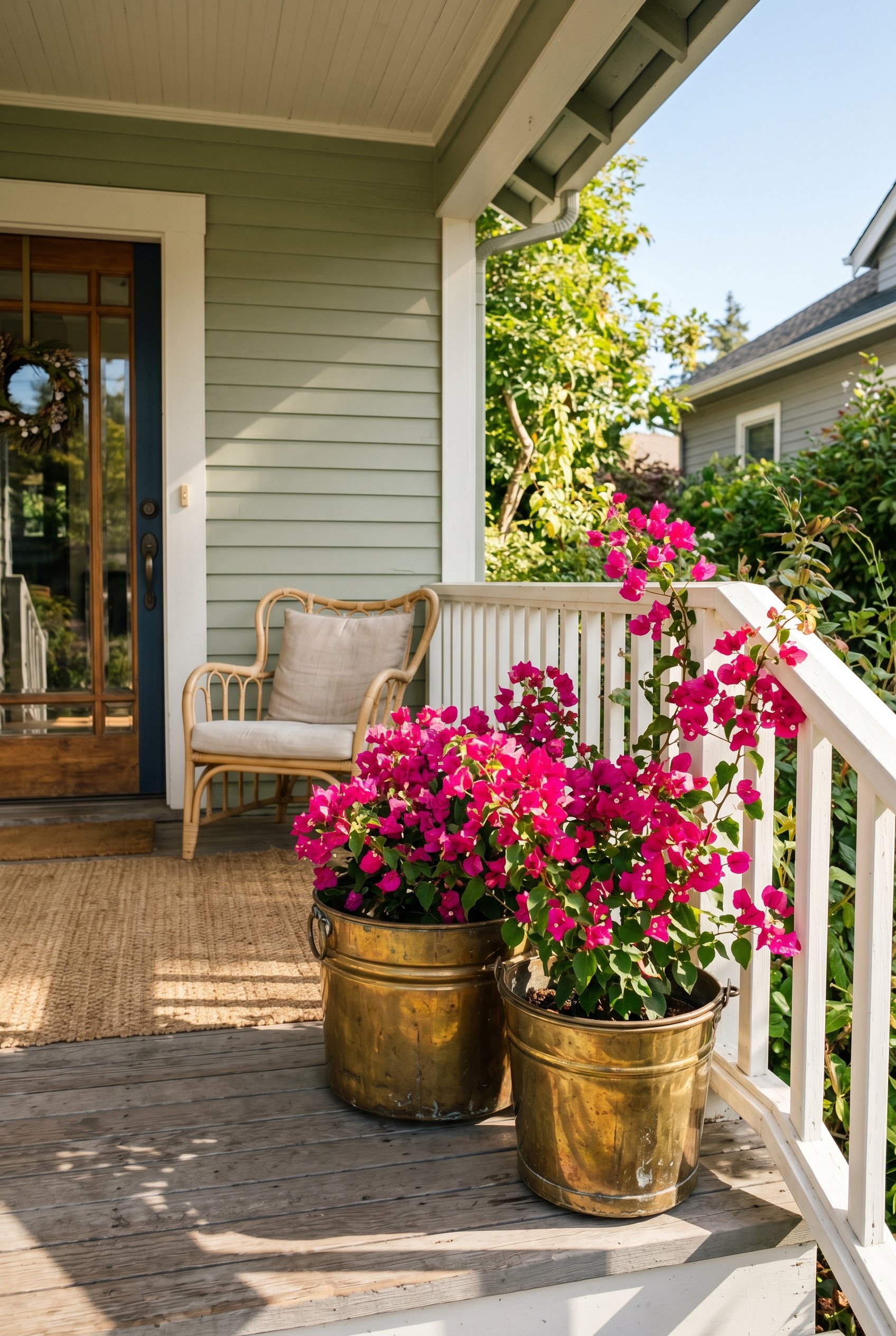 Photorealistic exterior porch photo. Thrifted vintage brass buckets used as planters for bright pink bougainvillea, reflective brass materials, bright morning sun, medium shot. Editorial photography s