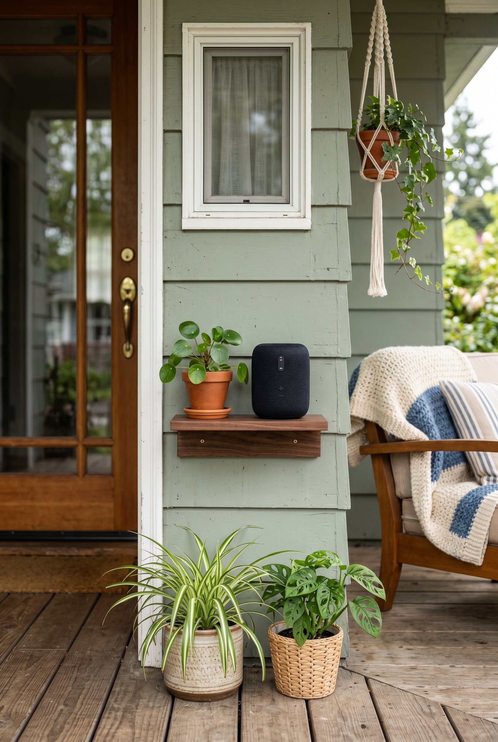 Photorealistic exterior porch photo. Waterproof black smart speaker on a small floating wooden shelf beside potted plants, soft natural light, close-up straight-on shot. Editorial photography style, n