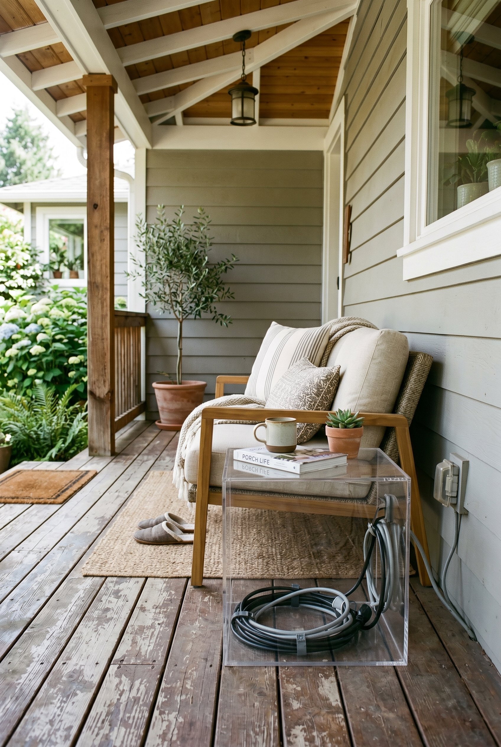Photorealistic exterior porch photo. Weatherproof acrylic box acting as a side table hiding power cords, modern outdoor aesthetic, bright natural light, close-up shot. Editorial photography style, no 