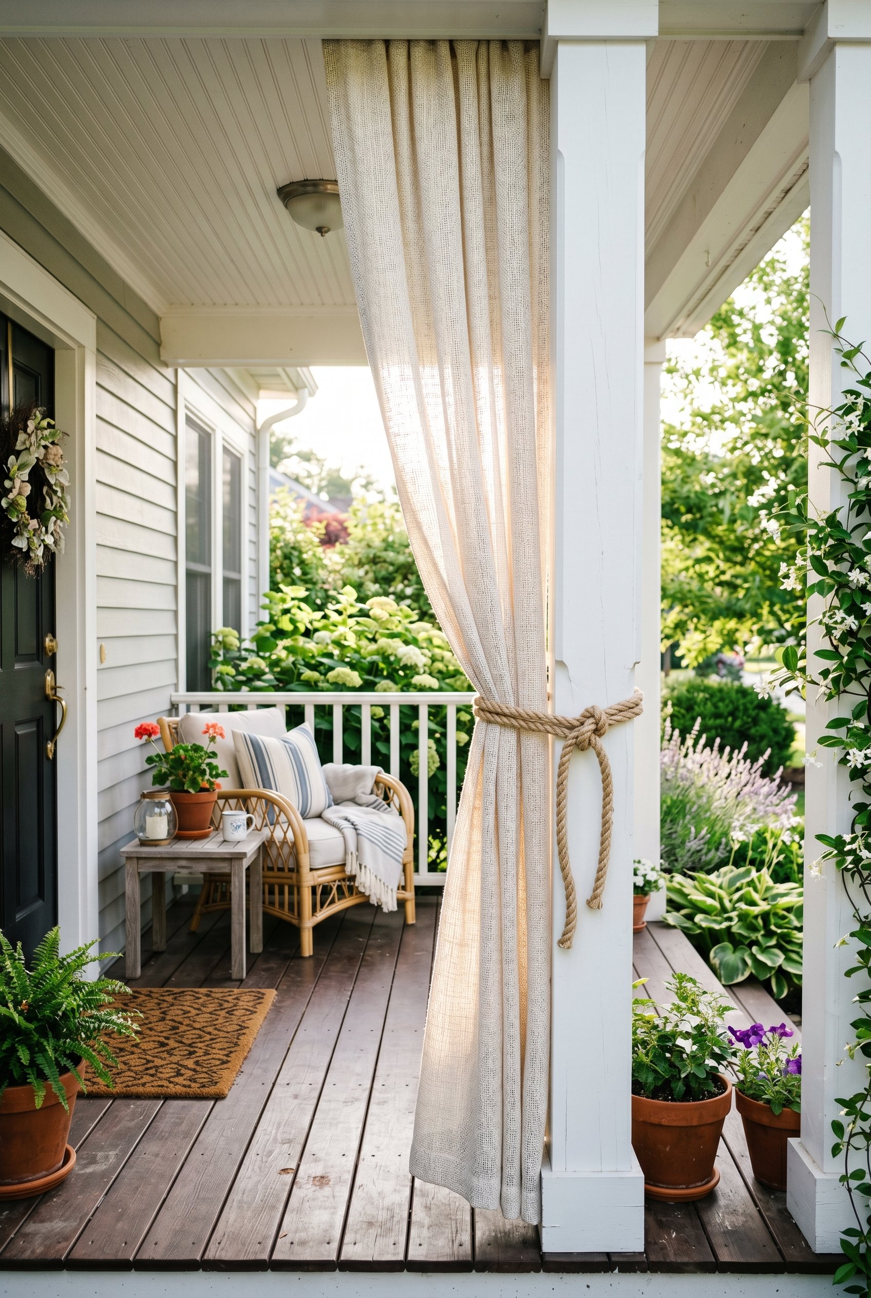 Photorealistic exterior porch photo. Woven outdoor curtains tied back with thick nautical rope against a porch pillar, bright glaring sunlight diffused by the fabric, wide shot. Editorial photography 