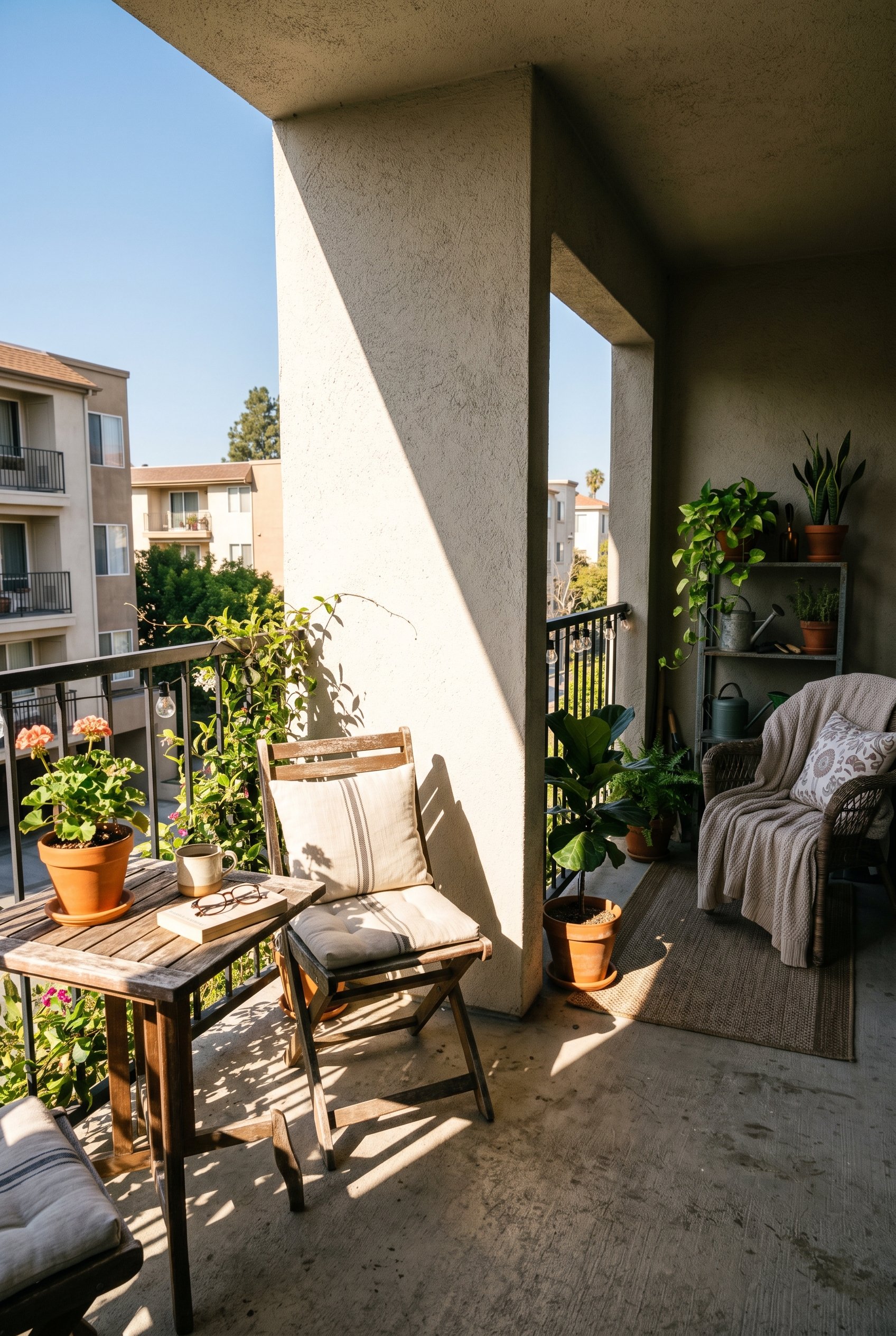 Photorealistic interior photo. A balcony corner showing a sharp diagonal shadow line splitting the concrete floor into bright sun and deep shade, morning lighting, wide angle. Editorial photography st