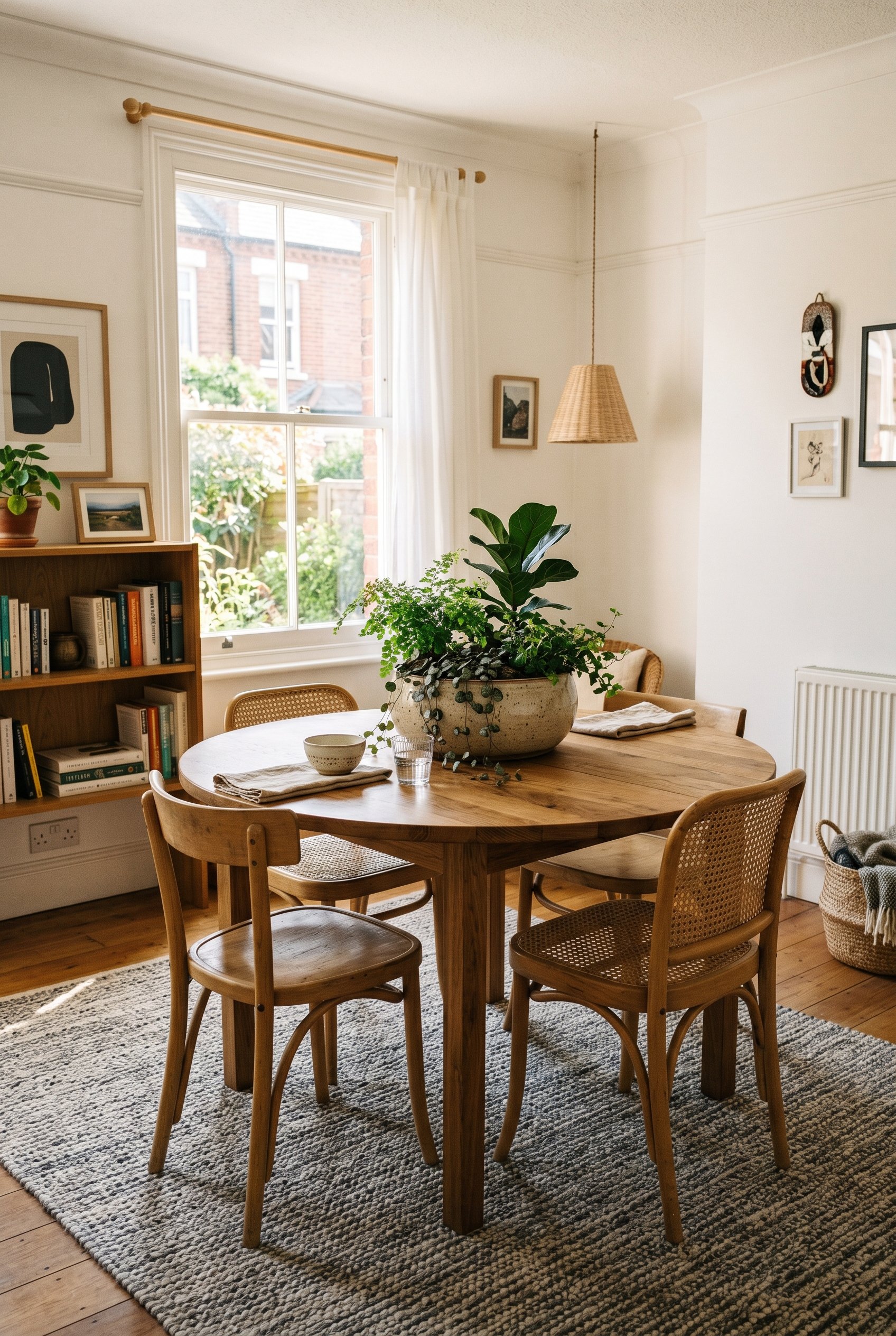 Photorealistic interior photo. A bare wood round dining table with a heavy, low ceramic planter centerpiece, sitting on a flat-weave washable rug, sunlit room. Editorial photography style, no people v