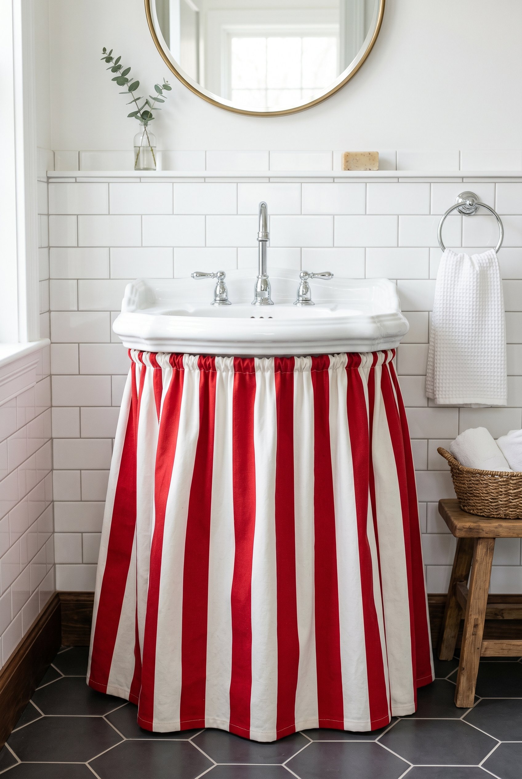 Photorealistic interior photo. A bathroom pedestal sink with a heavy, red-and-white wide circus striped fabric skirt covering the base. White subway tile walls. Bright, clean lighting, straight-on sho