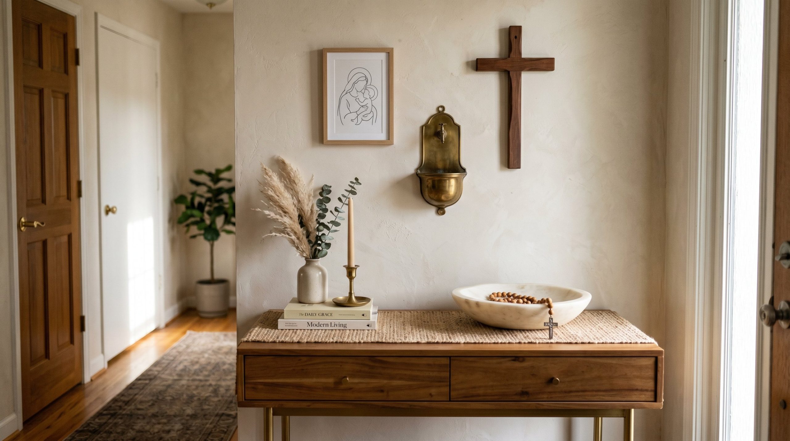 Photorealistic interior photo. A beautifully styled entryway console table mixing modern interior design with Catholic faith. A vintage brass holy water font on the wall, a simple wooden crucifix, and