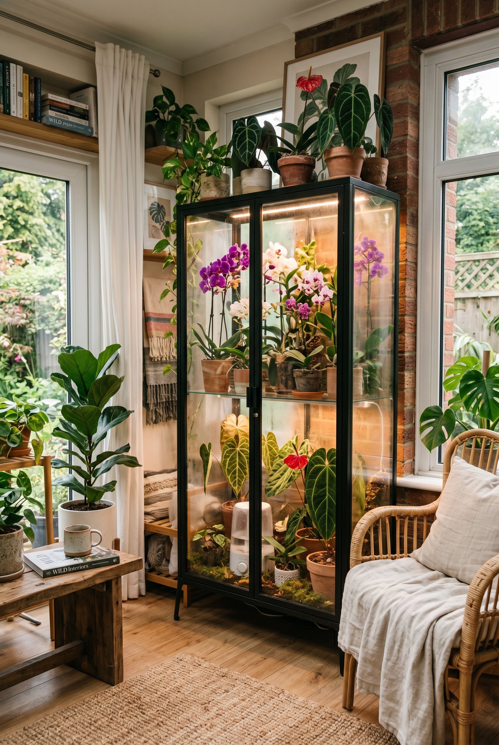 Photorealistic interior photo. A black metal and glass display cabinet repurposed as an indoor greenhouse. Inside, high-end orchids and Anthuriums are lit by hidden warm grow lights. Placed in a styli