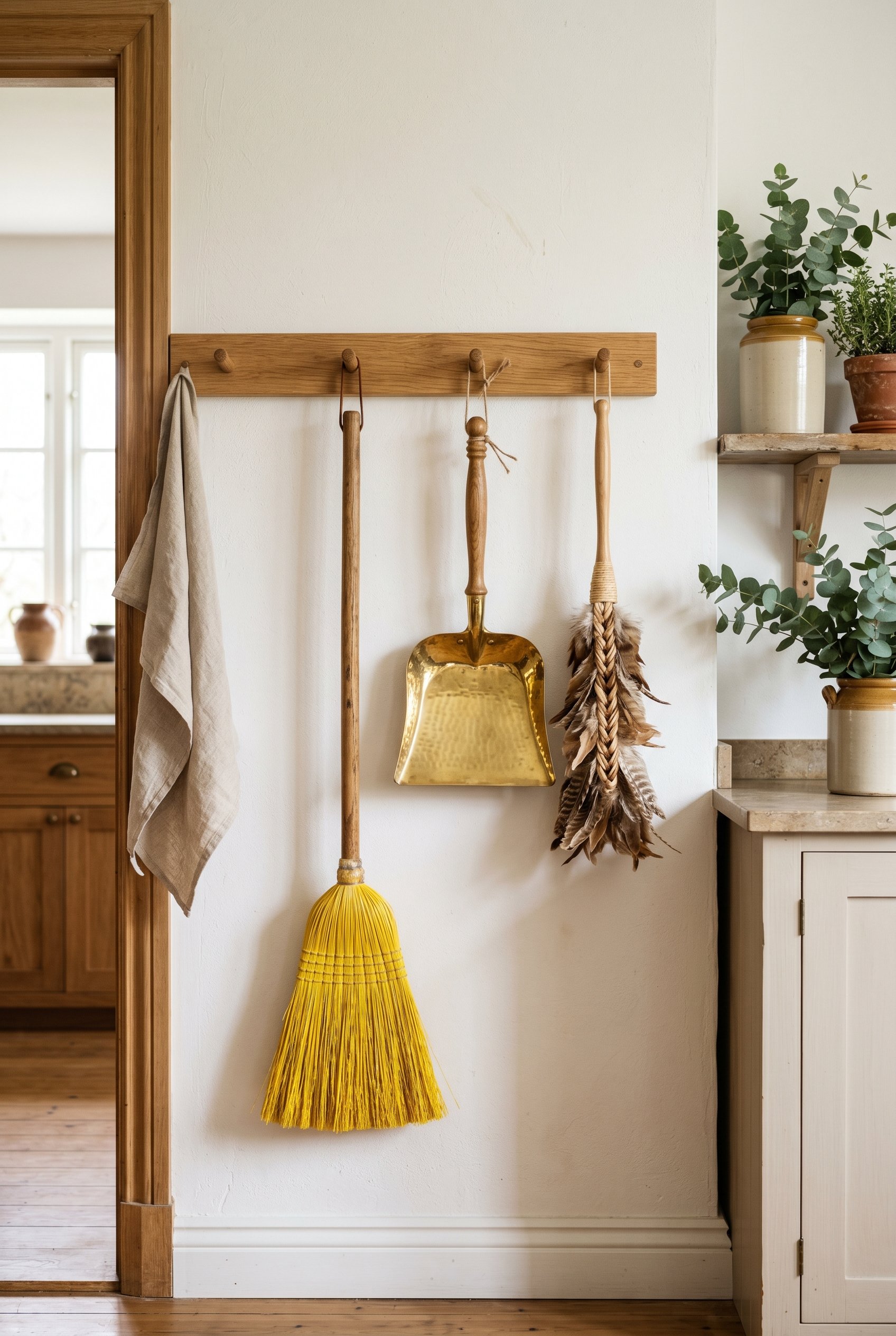 Photorealistic interior photo. A blank white kitchen wall featuring a wooden shaker peg rail. Hanging from it are beautiful cleaning tools: a broom with bright yellow bristles, a brass dustpan, and a 