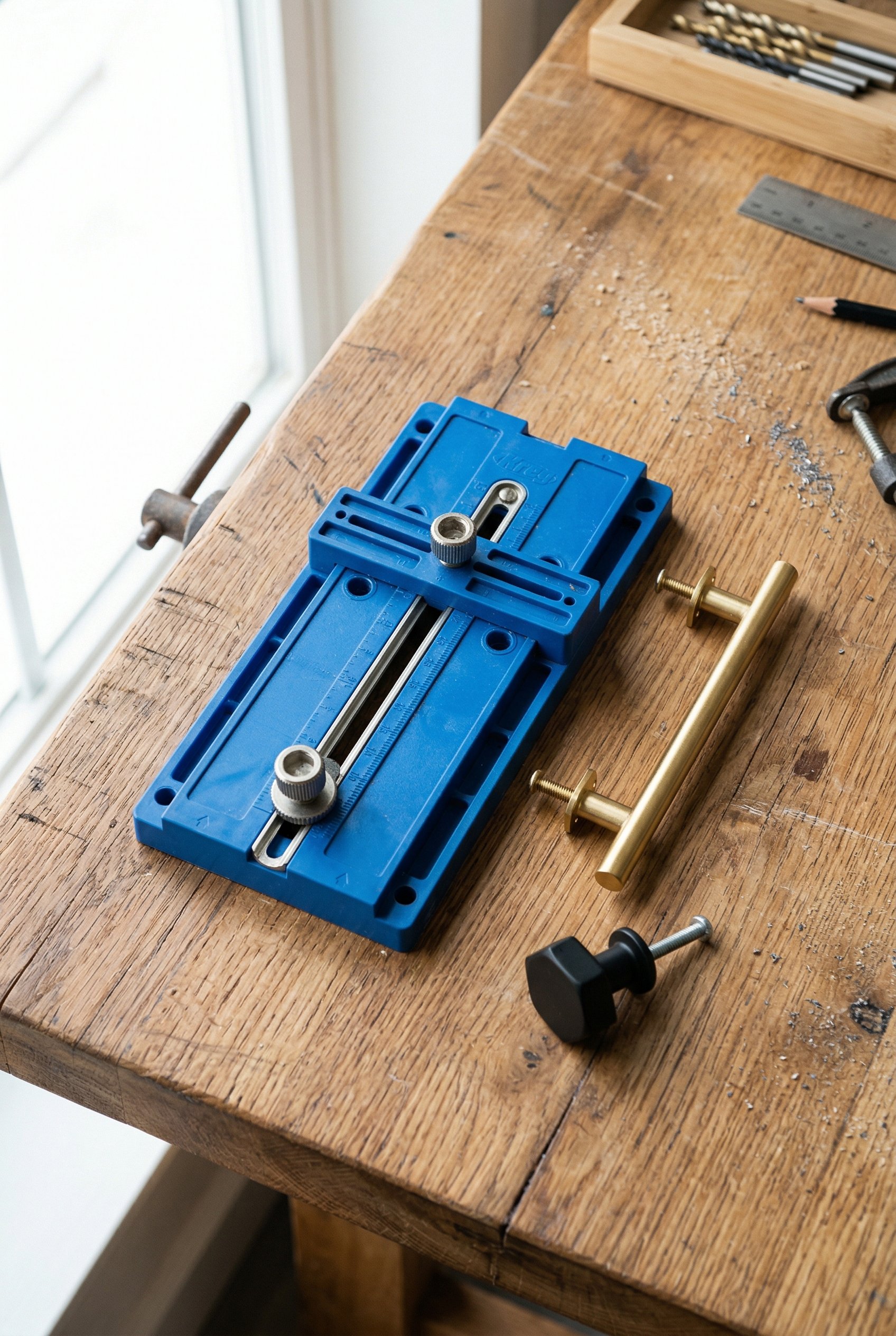 Photorealistic interior photo. A blue Kreg cabinet drilling template jig resting on a wooden countertop next to a gold T-bar handle and a black cabinet knob. Bright workshop lighting, flat lay angle. 