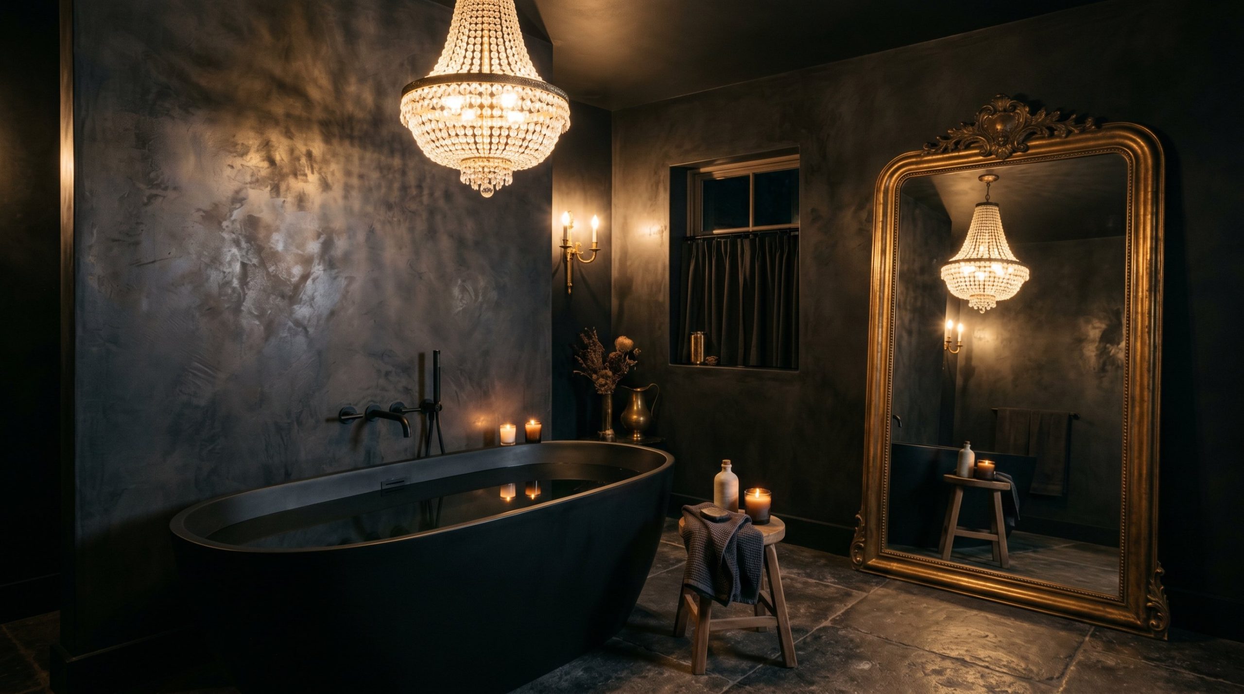 Photorealistic interior photo. A breathtaking, moody glam bathroom featuring dark Tadelakt plaster walls, a matte black freestanding bathtub, an oversized vintage unlacquered brass floor mirror, and a