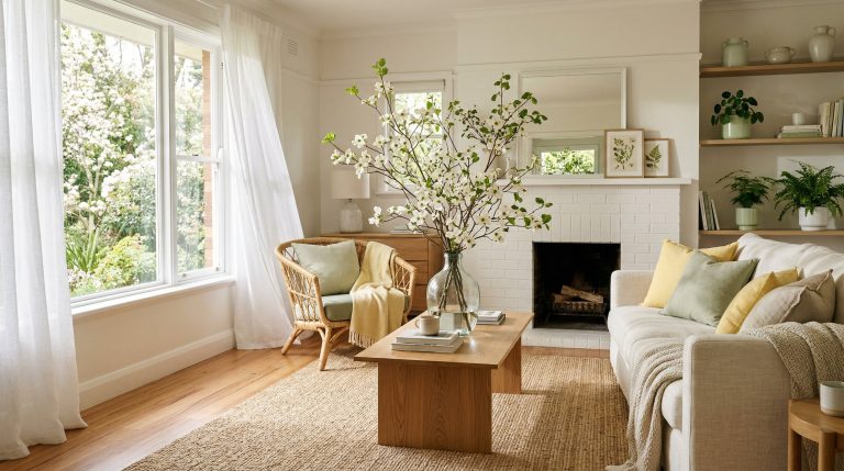 Photorealistic interior photo. A bright, airy spring living room bathed in natural sunlight. White sheer curtains blowing slightly, a large dogwood branch arrangement on a minimalist coffee table, a w