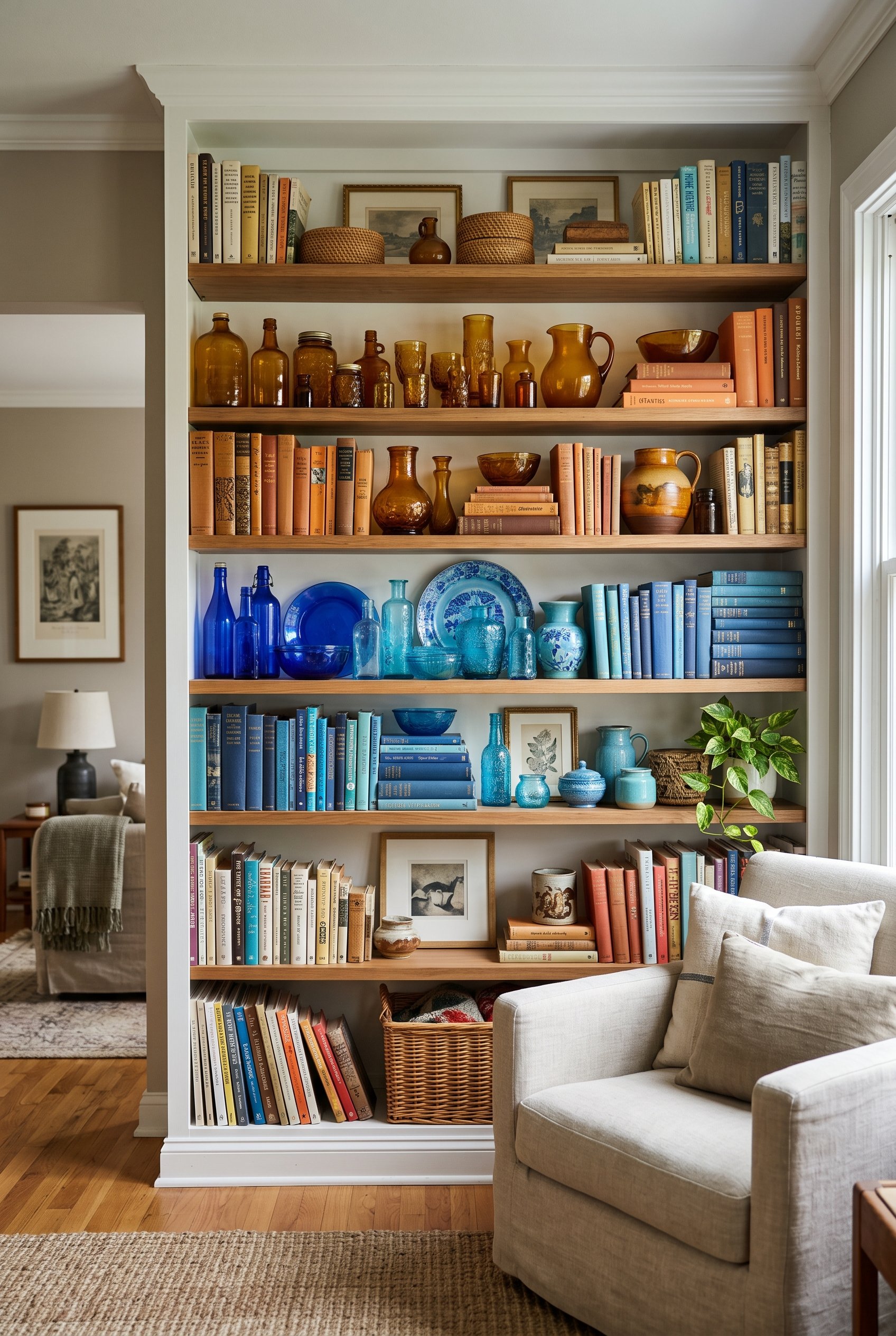 Photorealistic interior photo. A built-in bookshelf where vintage glass, books, and ceramics are aggressively organized and color-blocked by shelf, one blue, one amber. Editorial photography style, we
