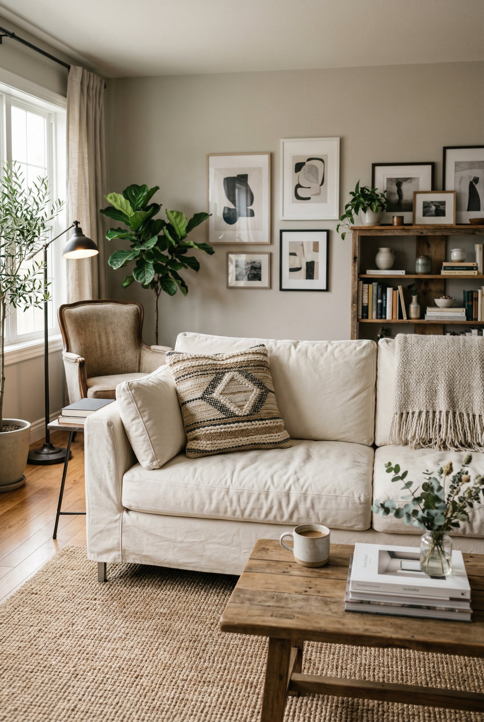 Photorealistic interior photo. A casual living room featuring a sofa covered in a crisp white heavy canvas slipcover. A woven throw pillow rests on the seat. Editorial photography style, no people vis