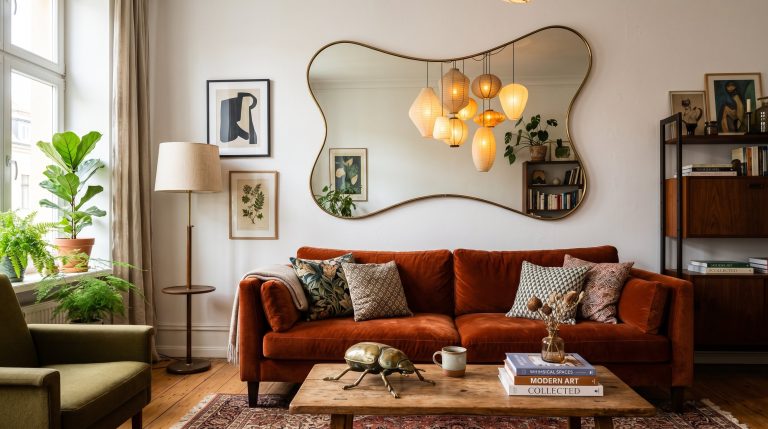 Photorealistic interior photo. A chic, grown-up whimsical living room featuring a stark white wall, a rust velvet sofa, and a wildly asymmetrical wavy mirror reflecting a cluster of glowing paper lant