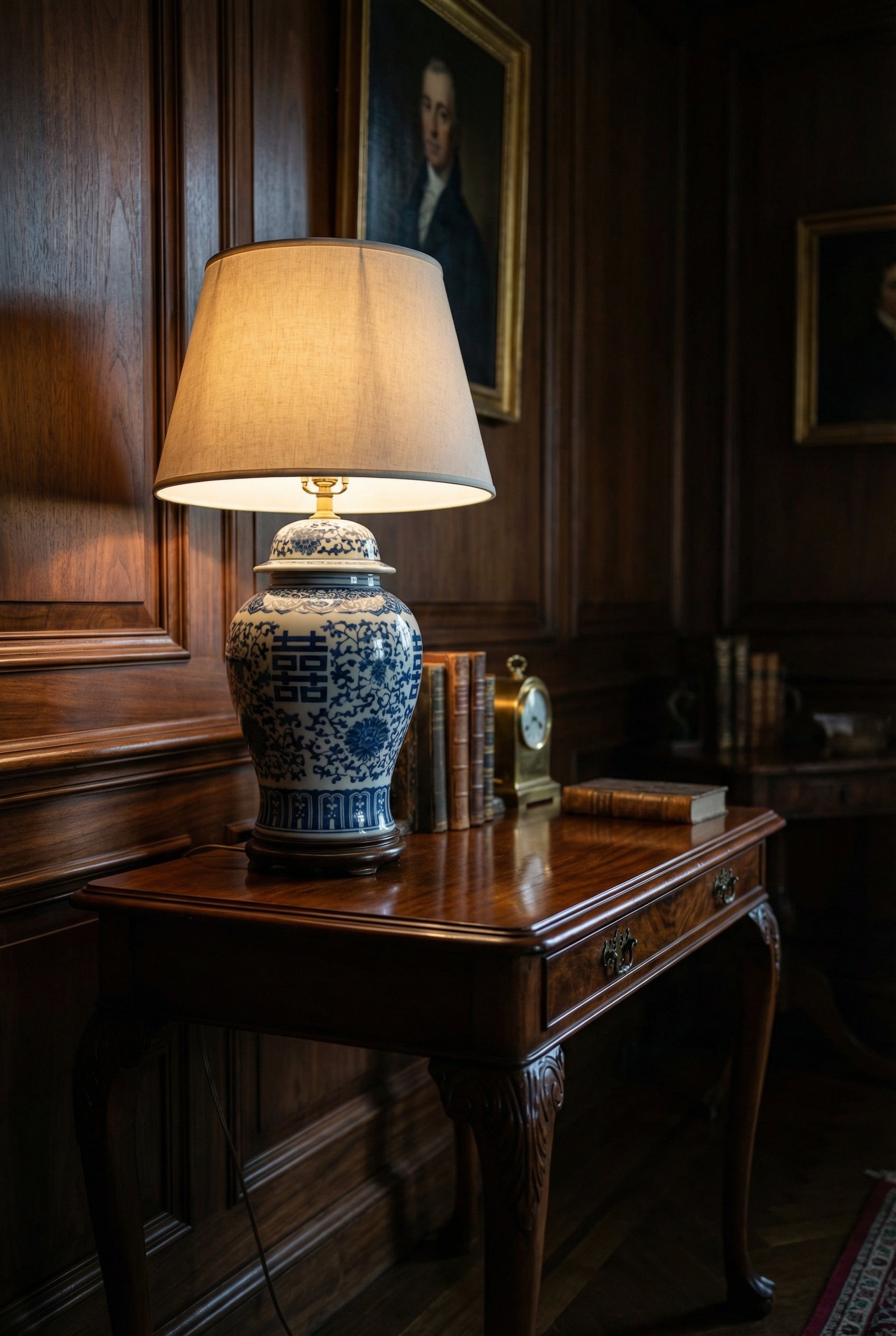 Photorealistic interior photo. A classic blue and white ceramic ginger jar lamp resting on a polished antique side table. The lamp is glowing warmly against a dark paneled wall. Low camera angle. Edit