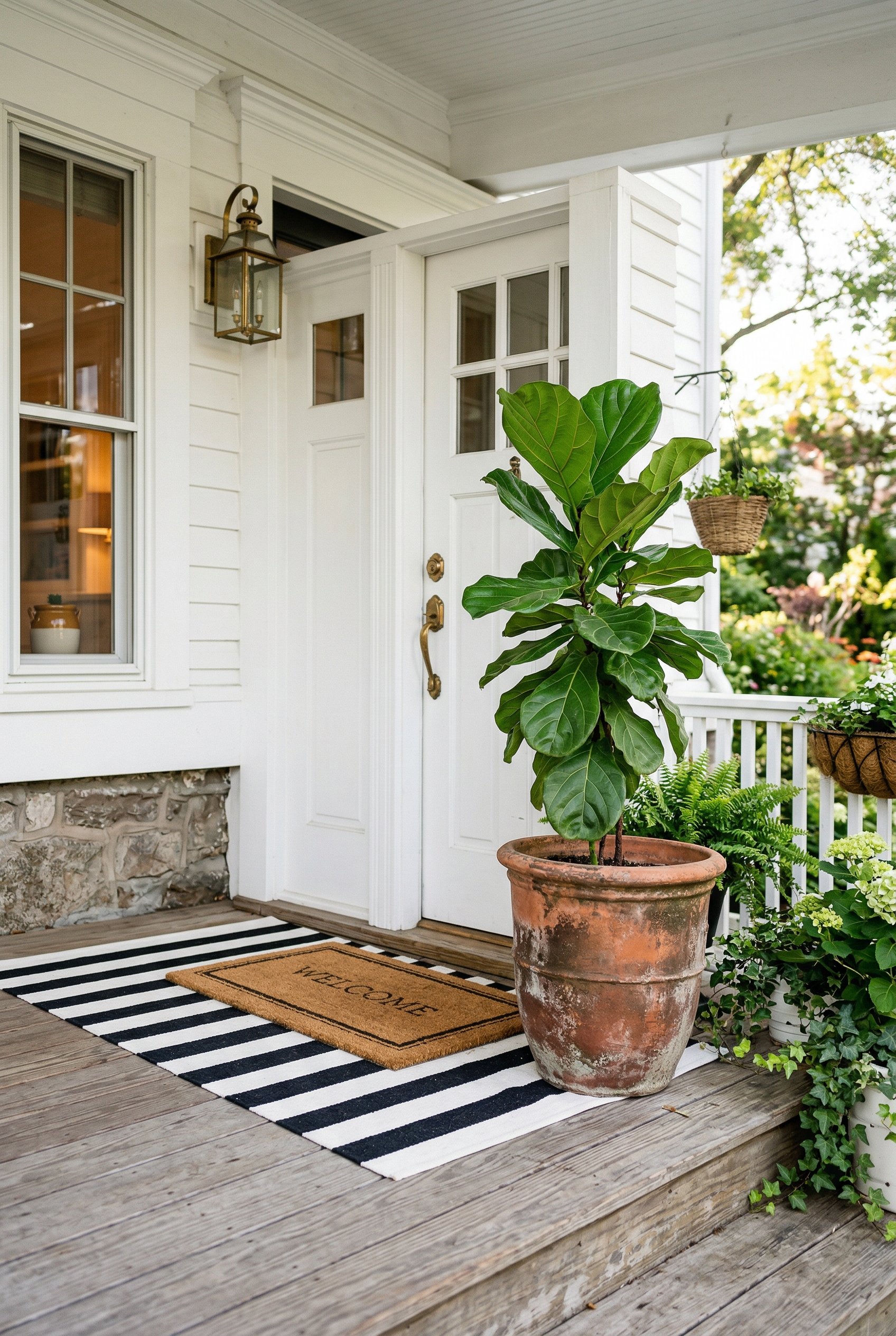 Photorealistic interior photo. A clean front porch featuring a large, aged terracotta planter with a tall green plant, sitting next to a thick coir doormat layered over a black and white striped outdo