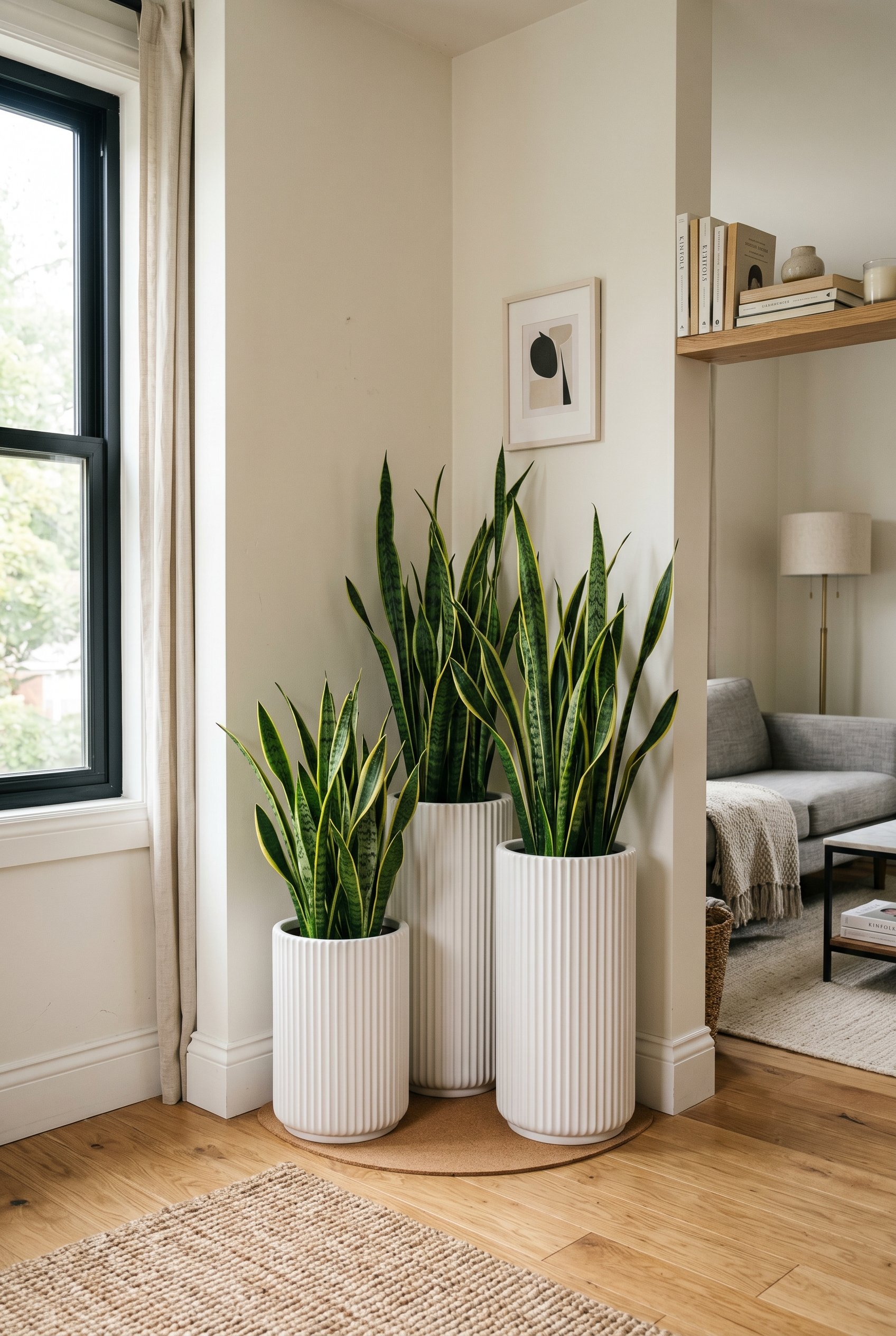 Photorealistic interior photo. A cluster of three identical fluted white planters in varying heights placed tightly in a room corner. Tall, spiky Snake Plants grow out of each. Clean, modern aesthetic
