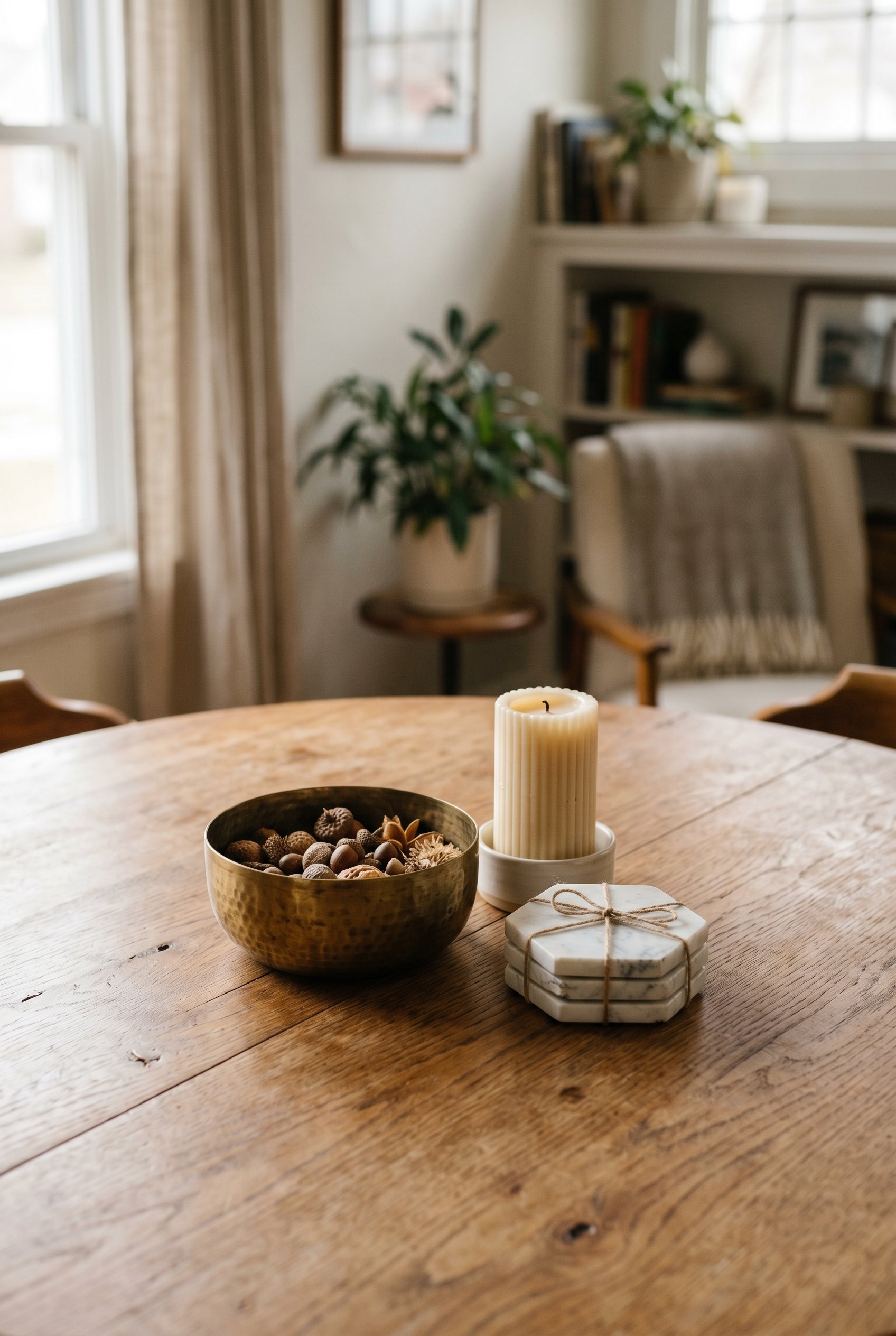 Photorealistic interior photo. A cluster of three items: a low brass bowl, a medium ribbed candle, and marble coasters in the center of a round table, shallow depth of field. Editorial photography sty