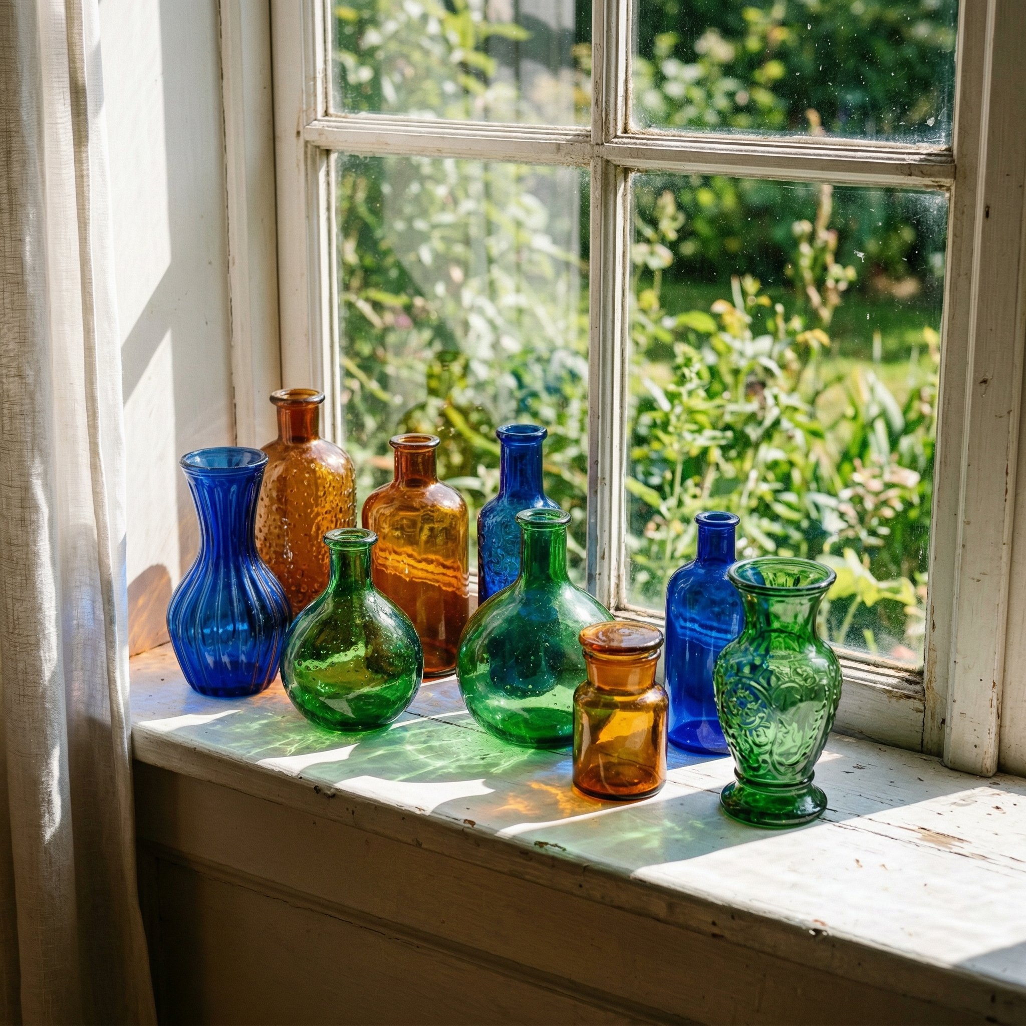 Photorealistic interior photo. A cluster of thrifted vintage glass vases in cobalt blue, amber, and emerald green sitting on a white windowsill. Sunlight shining through the glass casting colorful sha