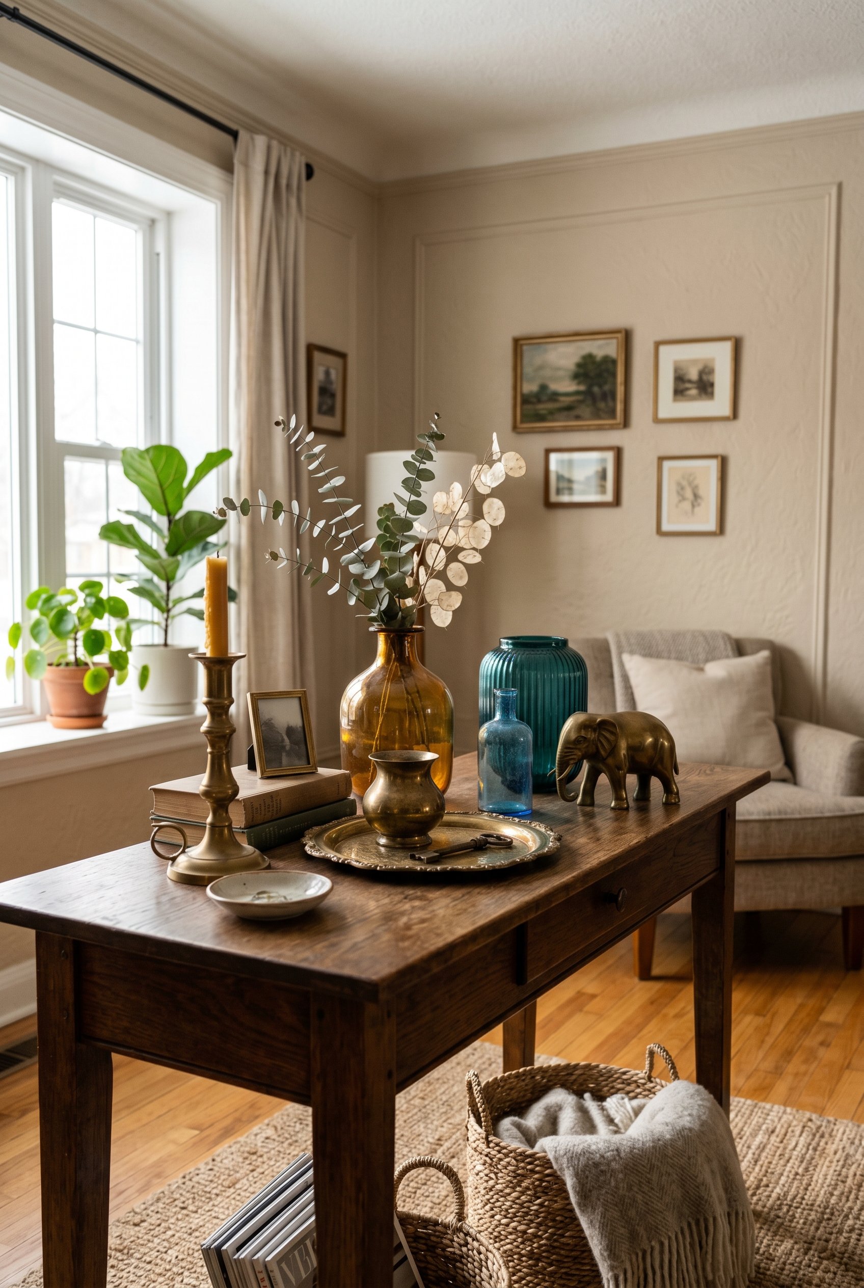 Photorealistic interior photo. A curated vignette on a wooden console table featuring heavy vintage brass objects and colored glass vases. Editorial photography style, natural window lighting, no peop